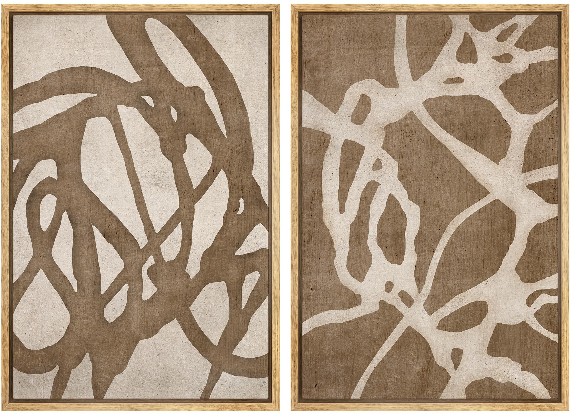 SIGNWINFramed Canvas Print Wall Art Set Natural Flow Abstract Earth Tone Organic Shapes Cozy Neutral Minimal Decorative Nordic Zen Bohemian for Living Room, Bedroom, Office - 24"x36"x2 Natural