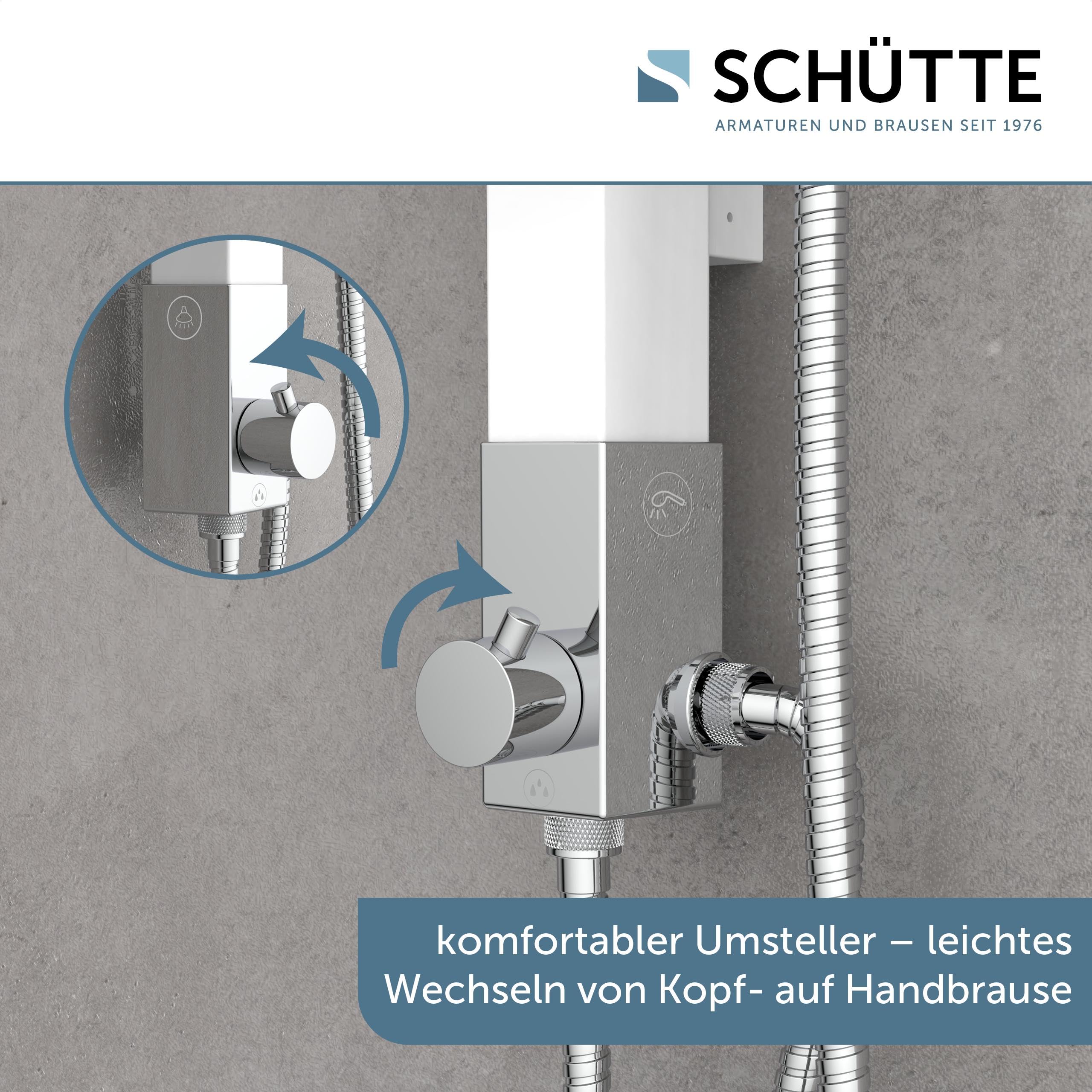 SCHÜTTE MADAGASKAR Regendusche mit Handbrause, Duschsystem in weiß mit praktischer Ablage und Wandhalterung, Duschset für Duscharmaturen, 120 cm
