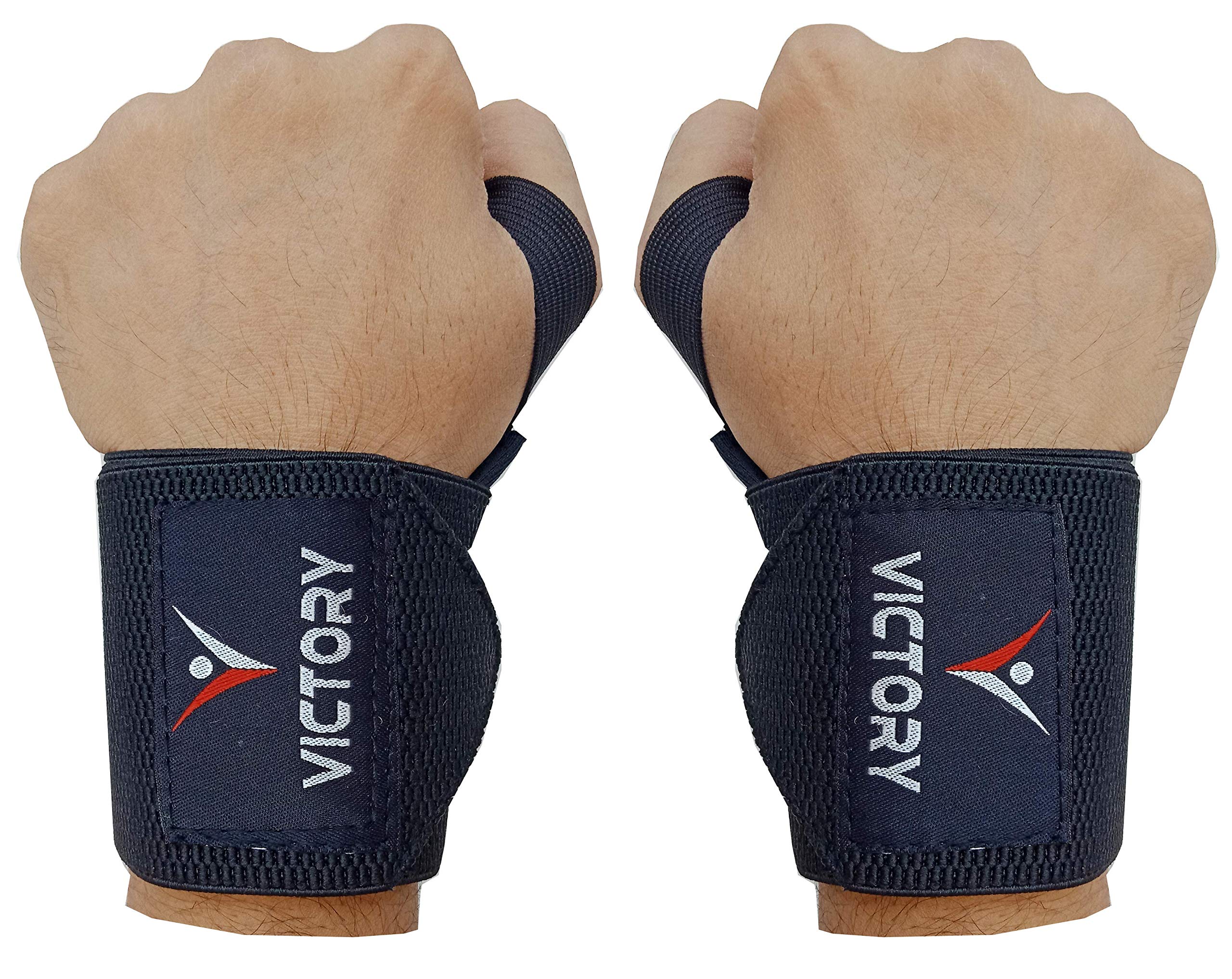 Victory Fitness Power Wrist Support with Thumb Loops (Pack of 2) # Men, Women # A-Grade Black