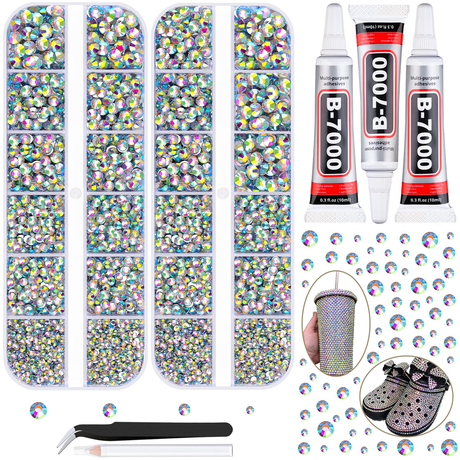 12100Pcs Resin Rhinestones for Crafting with 3Pcs 10ml B7000 Jewelry Glue, 2 Boxes Flatback Crystals Diomand (AB) for Bedazzling Crafts DIY Nail Art