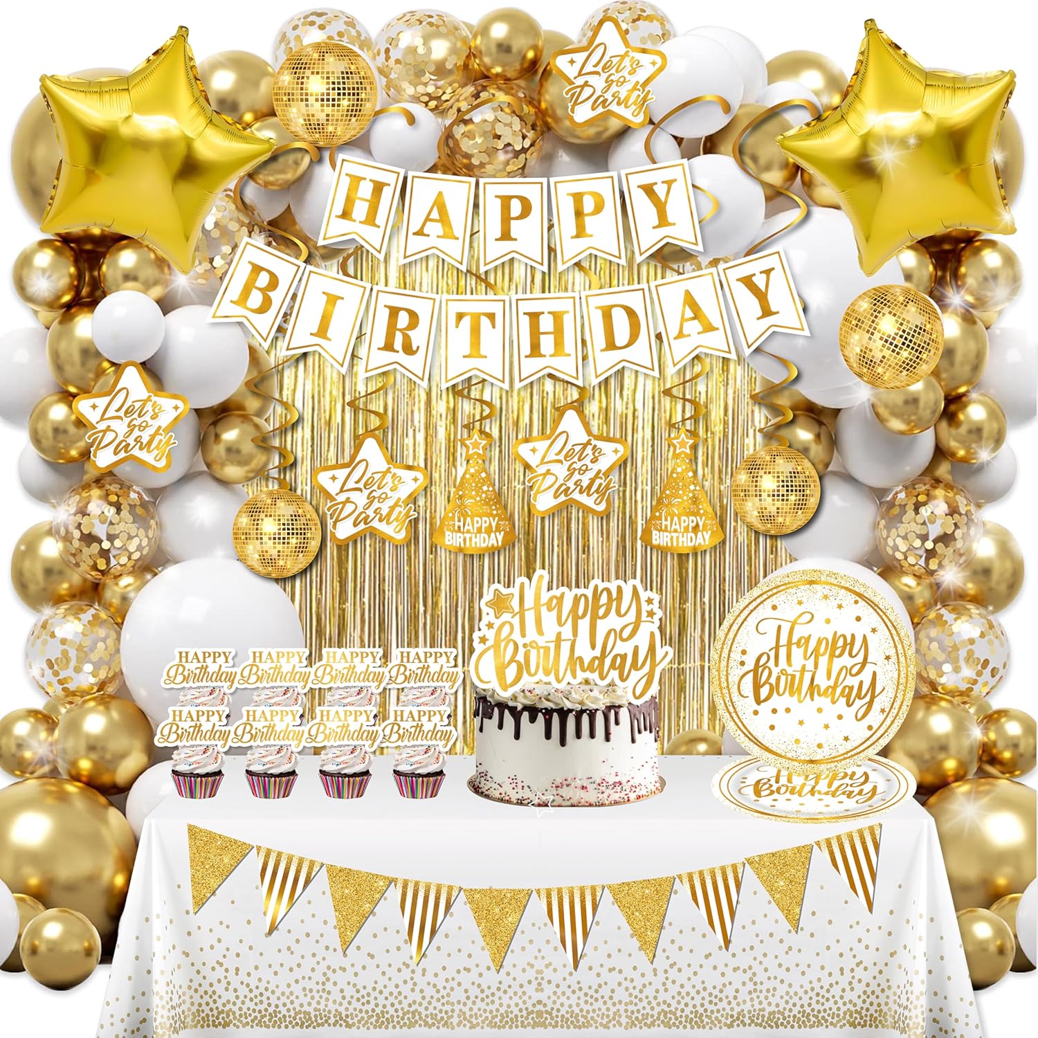 Gold Birthday Decorations for Women Men - (Total 89pcs) Gold Party Banner, Pennant, Hanging Swirl, Foil Backdrops, Balloons, Gold Birthday Decor for 10th 13th 16th 18th 21st 30th 40th 50th