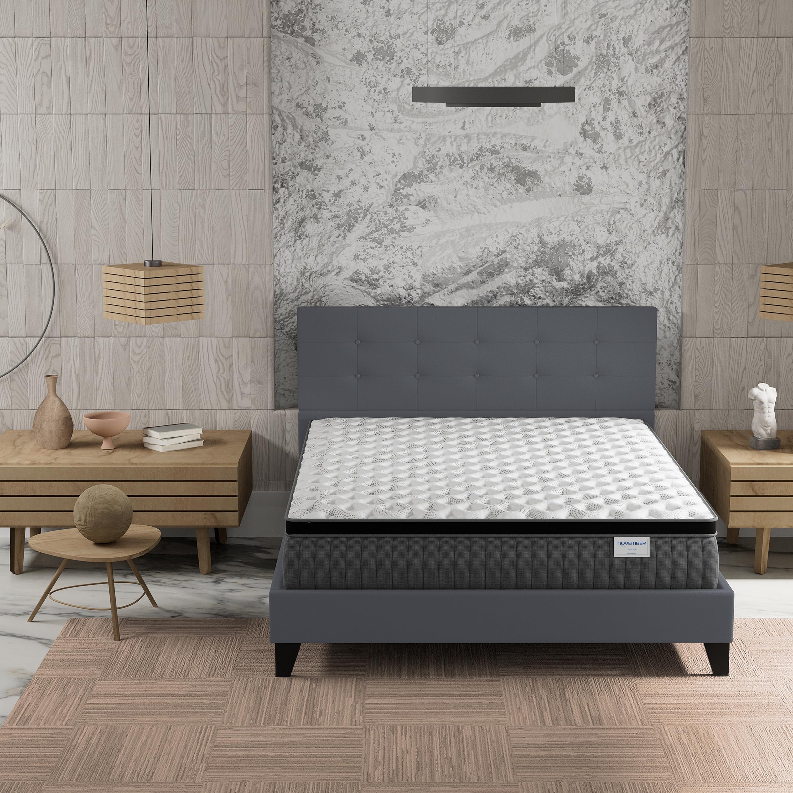 NOVEMBER- Ensemble Matelas + LIT (140x200cm)- Matelas Elekctra Ressorts ensachés & mémoire de Forme Épaisseur 30cm + Sommier Bois Stable & Robuste revêtement synthétique Gris