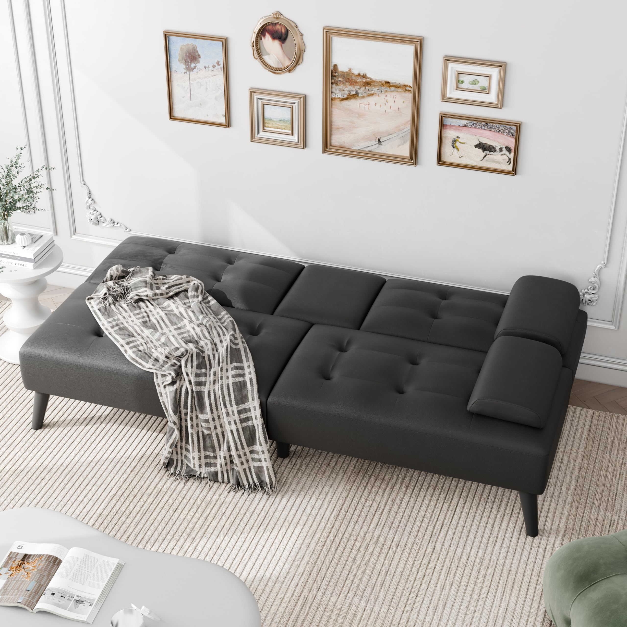 Futon Sofa Bed, 64" Small Futon Couch with Adjustable Backrest, 3-Angle Recliner, Detachable Armrests with Cup Holders for Small Spaces, Living Room, Office, Apartment, (Black Leather)