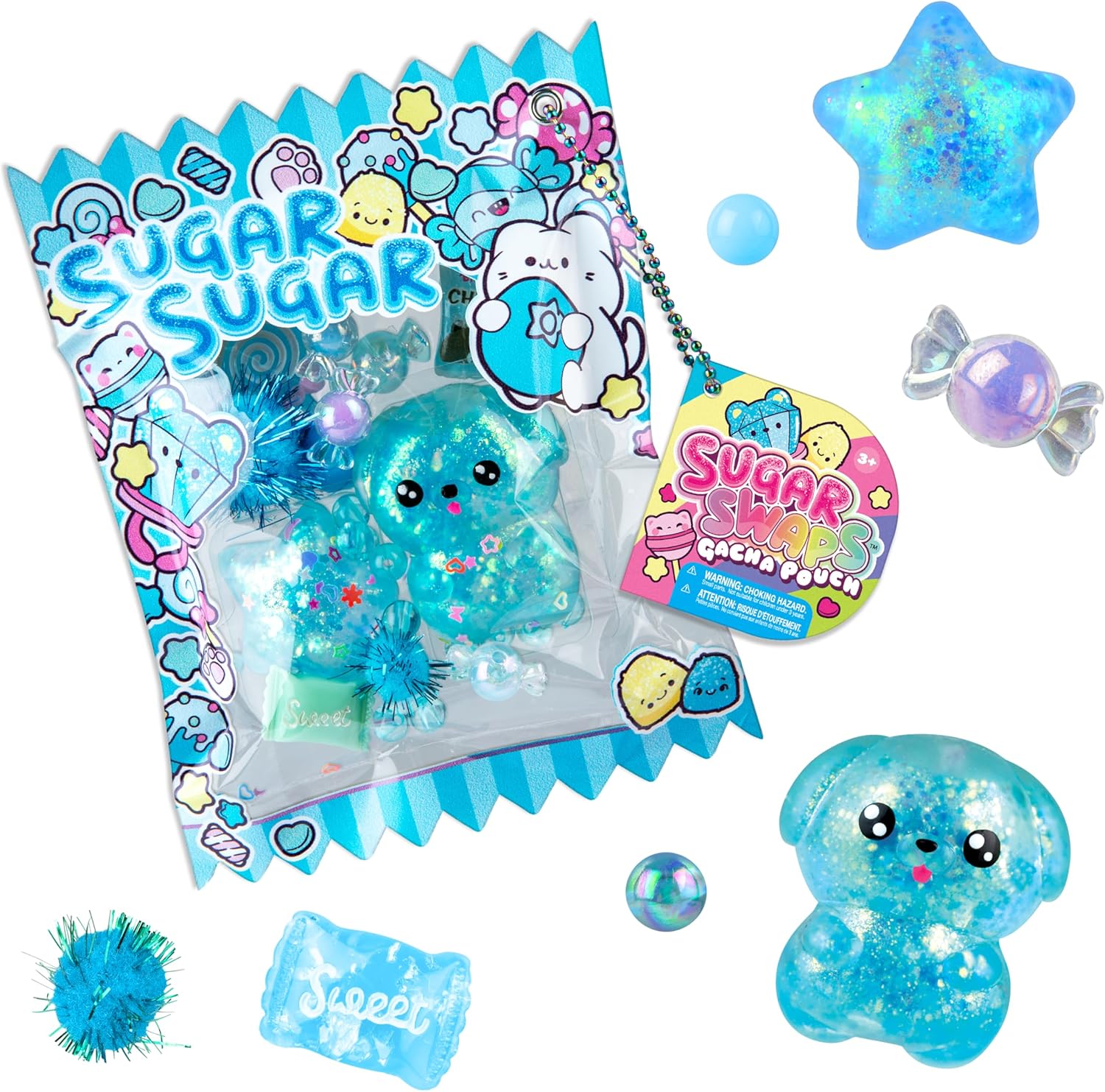 ORB Sugar Swaps Gacha Pouch Squishy Keychain Charm - Blue Gachapon Style Pouch with Sparkly, Squishy Dog and Star - Squish, Collect, Trade - Fidget Stress Toys for Kids, Backpacks, Keys, Bags, More