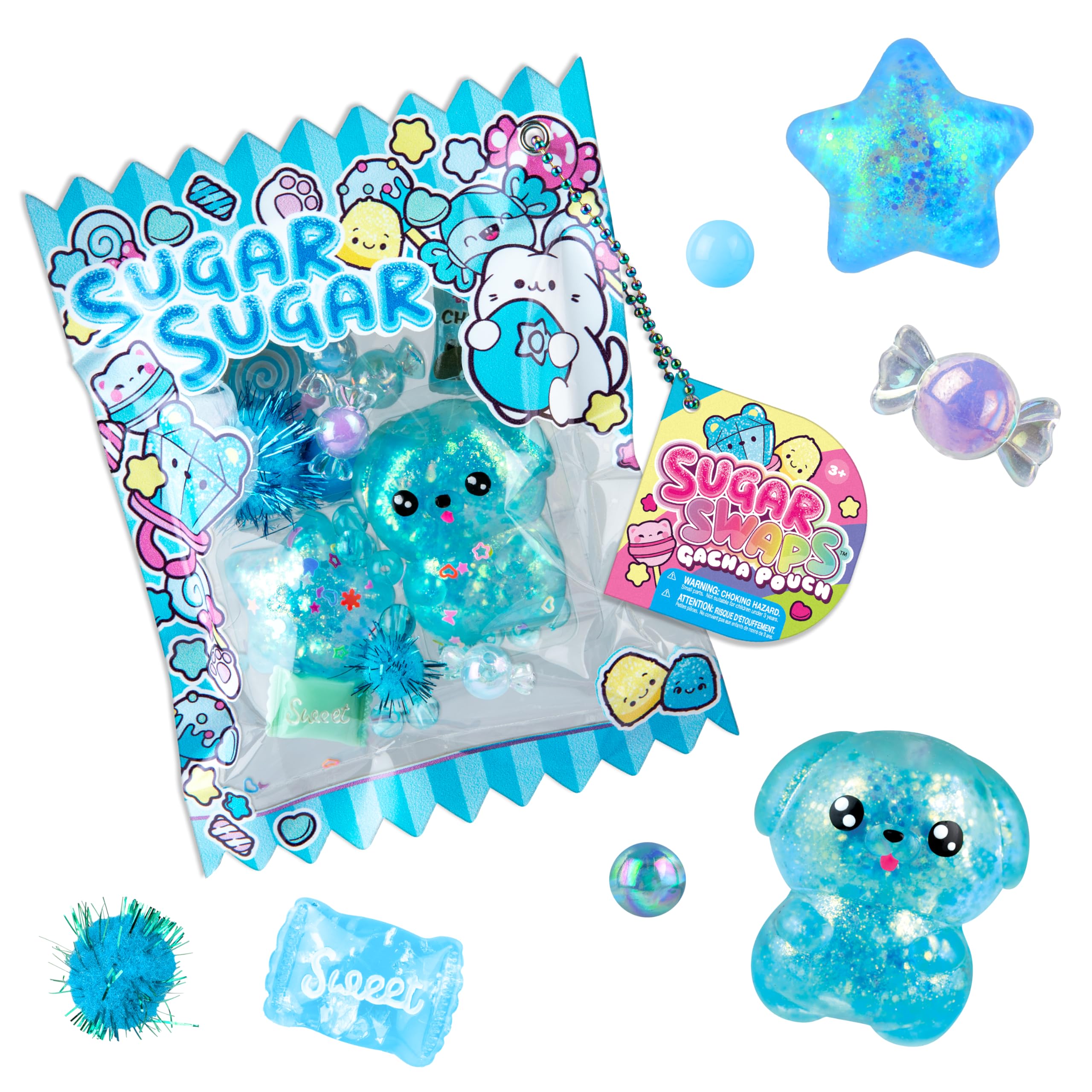 ORB Sugar Swaps Gacha Pouch Squishy Keychain Charm - Blue Gachapon Style Pouch with Sparkly, Squishy Dog and Star - Squish, Collect, Trade - Fidget Stress Toys for Kids, Backpacks, Keys, Bags, More