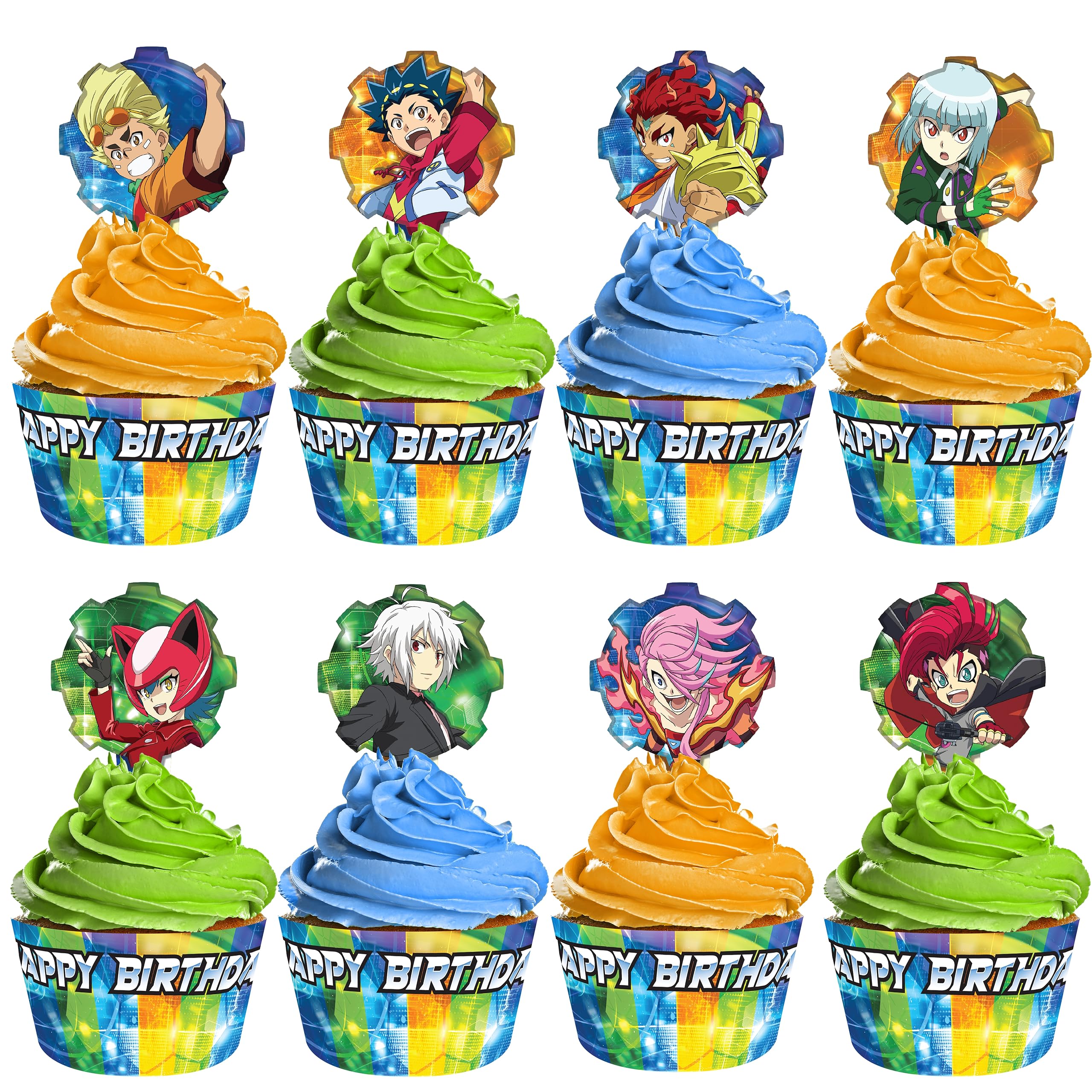Treasures Gifted Officially Licensed BEYBLADE BURST Party Supplies - (24) BEYBLADE Cupcake Topper and Wrappers - BEYBLADE Birthday Party Supplies -