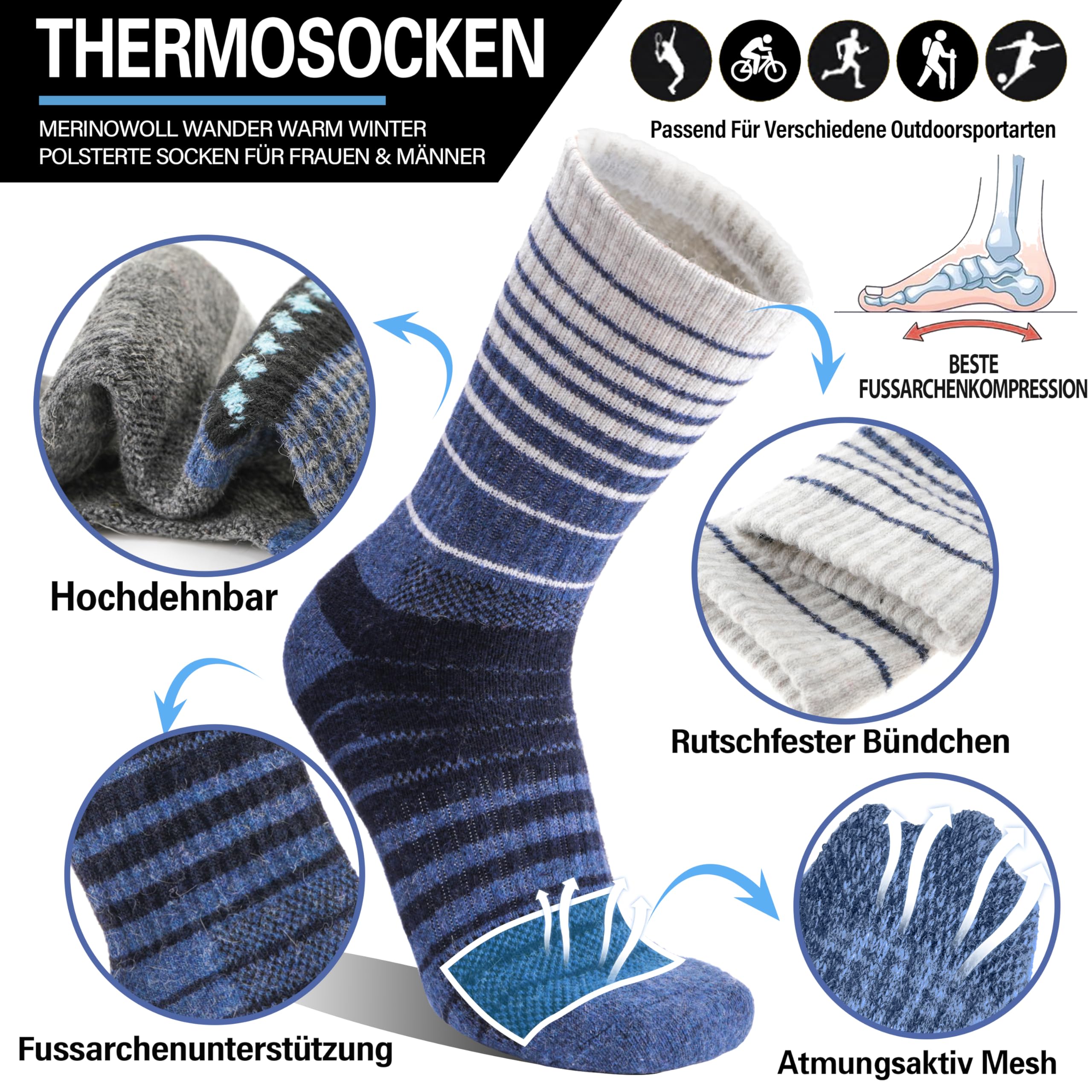 Welwoos 5 Paar Merino Wandersocken, Warme Thermosocken, Outdoor Merinowolle Socken, Dicke Trekking Sportsocken für Herren Damen