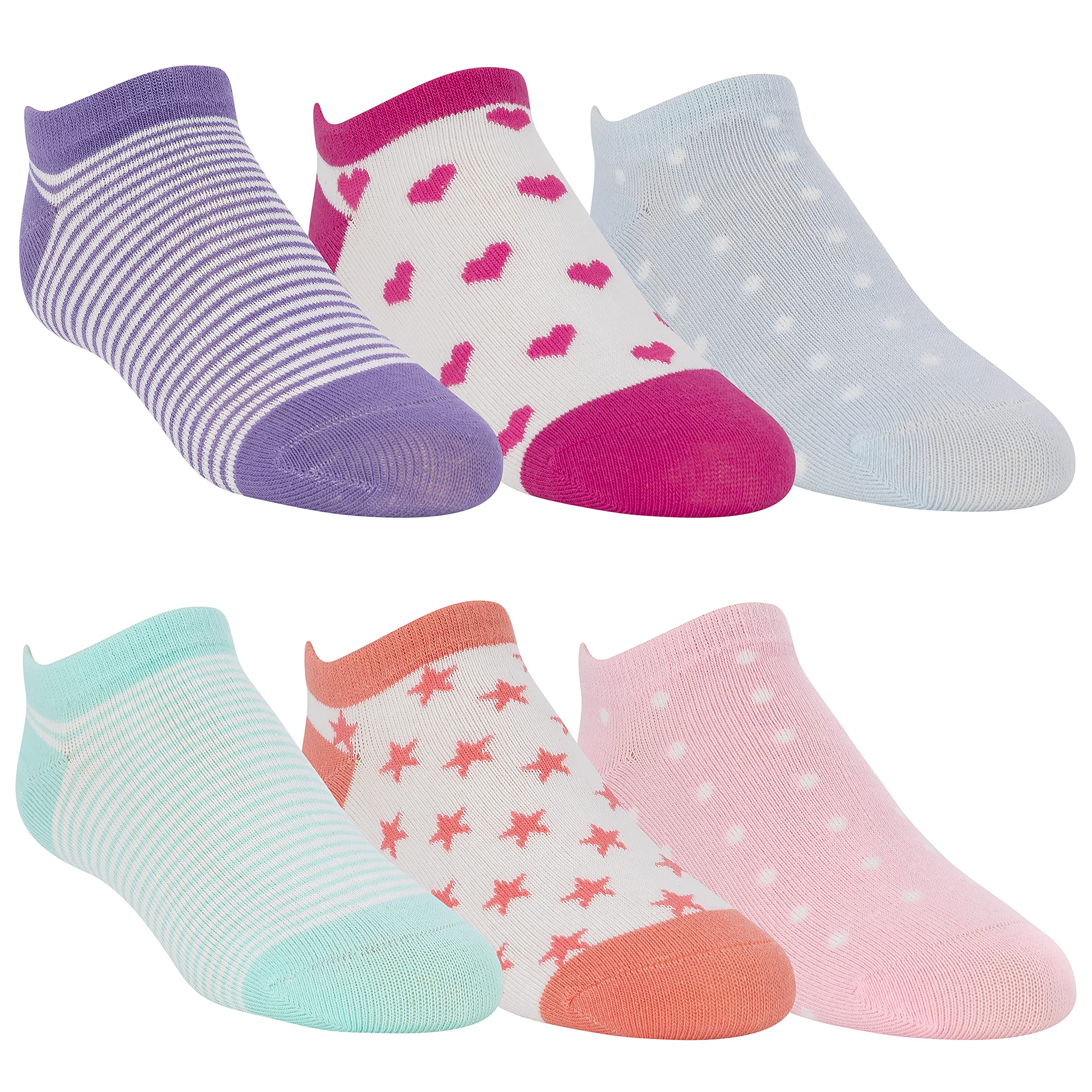 Stride RiteGirls 6 Pair Pack Soft Cotton Blend No Show Multicolor Sneaker Socks with Hearts, Stars, Stripes Sizes 2T-Large