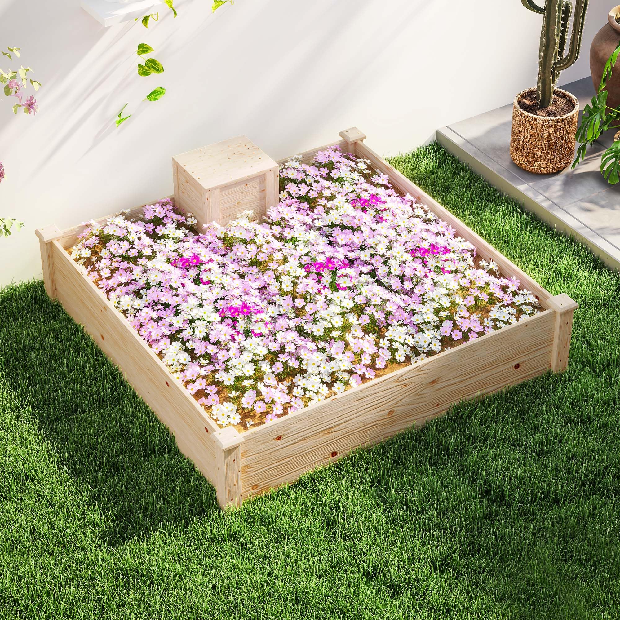 Outsunny Letto per Orto Rialzato da Esterno 123x123x25.5 cm Color Legno | Con Compostiera, Fondo Aperto, Fioriera da Esterno in Legno di Abete, per Piante e Fiori