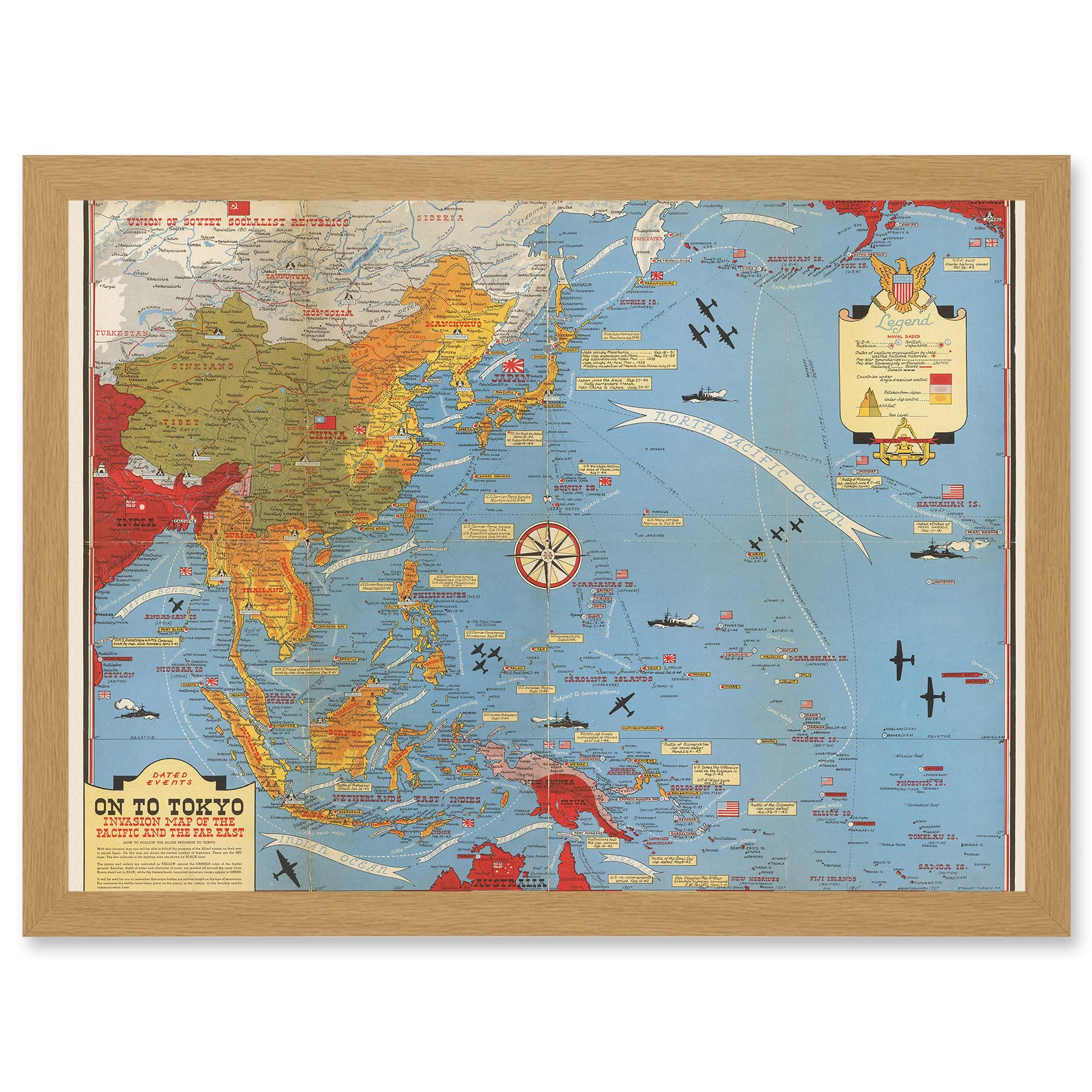 Artery8 Military Map Turner 1944 World War WWII On To Tokyo Pacific Artwork Framed Wall Art Print A4