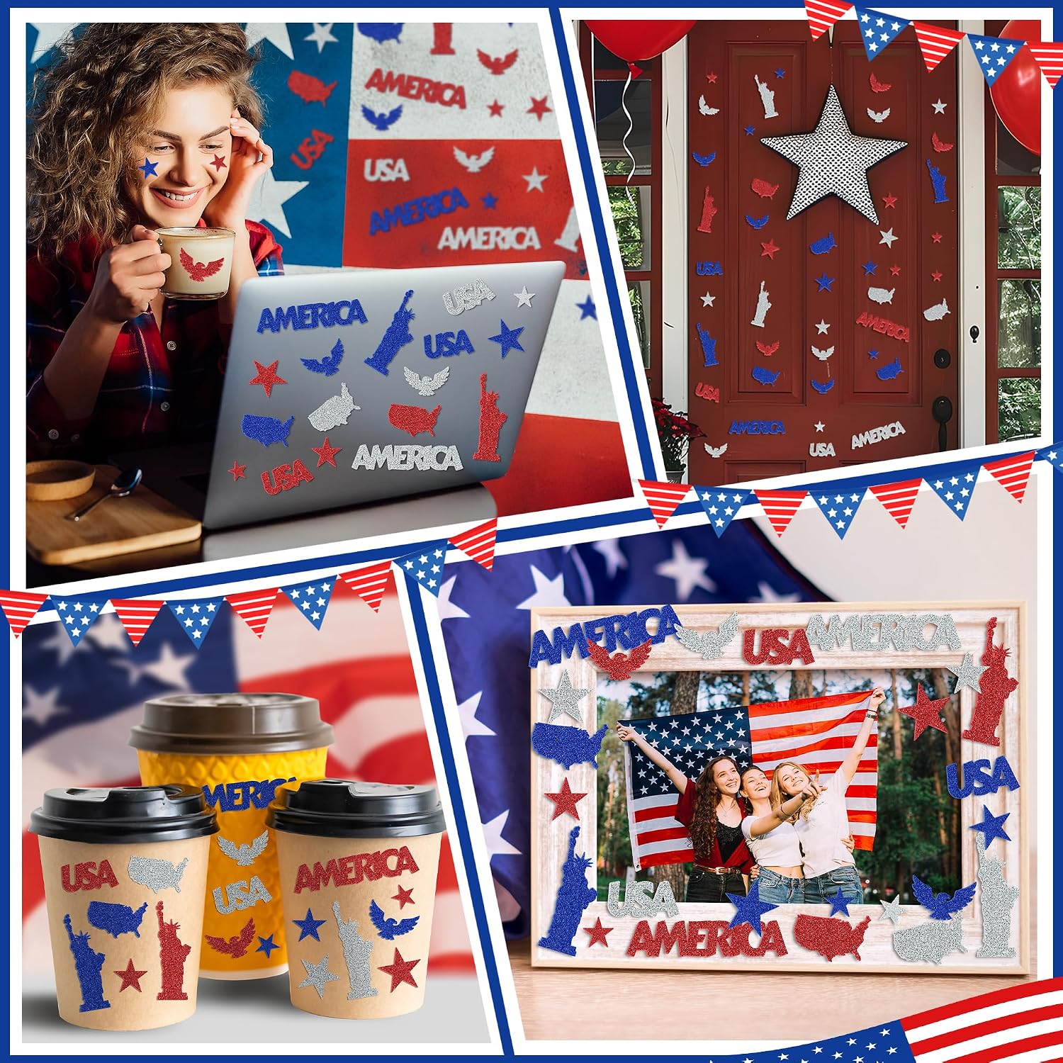 300 Pcs 4th of July Stickers Foam Stickers, Red Blue Silver Glitter Patriotic Stickers, 6 Style Self-Adhesive Independence Day Stickers, 4th of July Crafts Memorial Day DIY Supplies for Scrapbooking