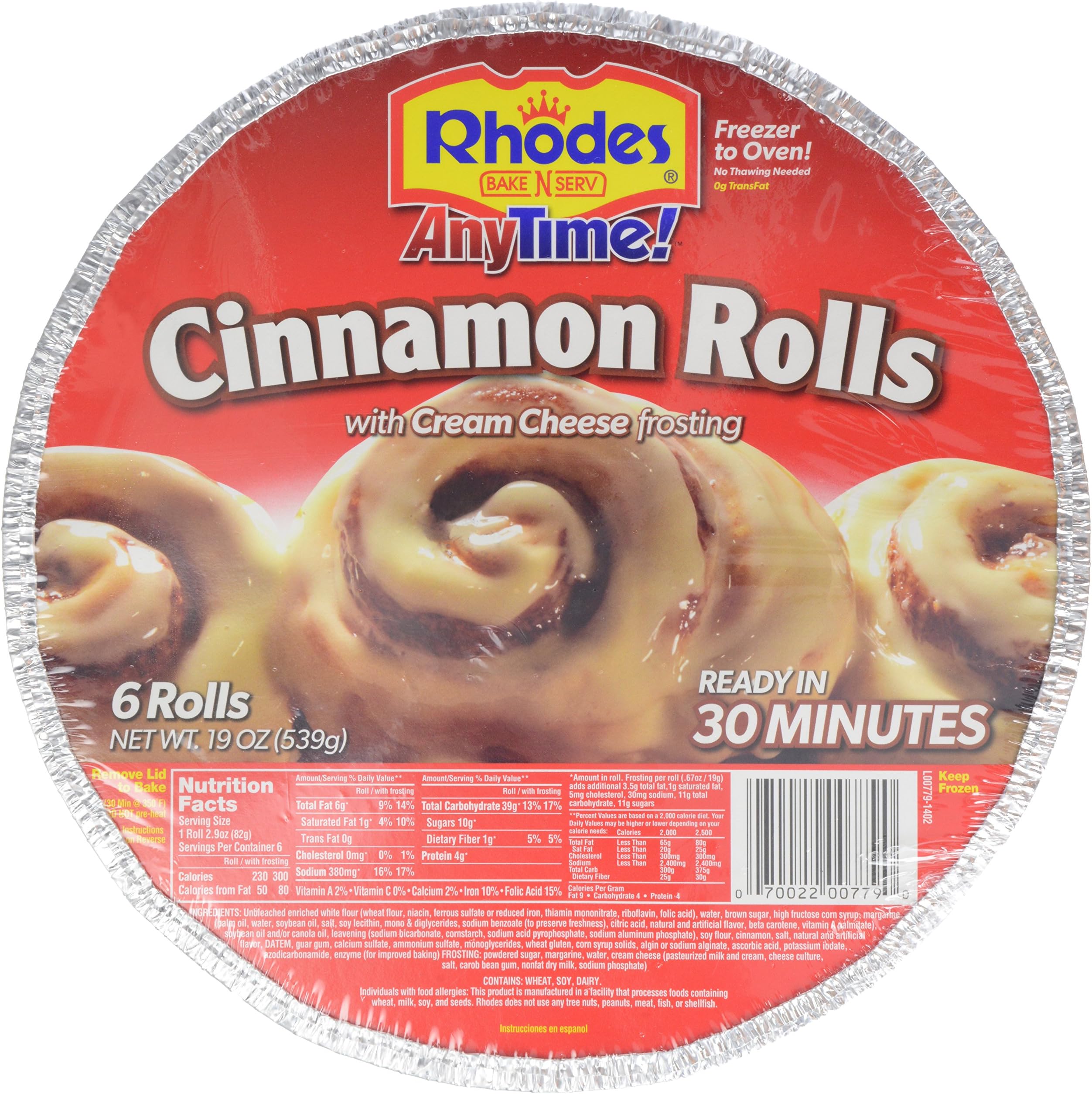 Rhodes, Anytime! Cinnamon Rolls with Cream Cheese Frosting, 6 Count , 19 oz (Frozen)