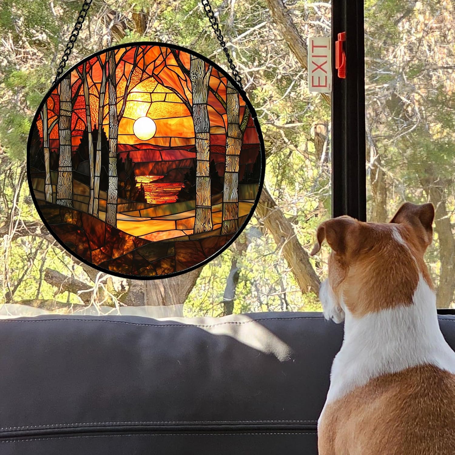 Stained Glass Window Hanging, Orange Red Landscape Forest Lake Moon Suncatcher for Doors Window Home Sun Catchers Decor Mother's Day Birthday Gifts for Women Men Mom 15 in