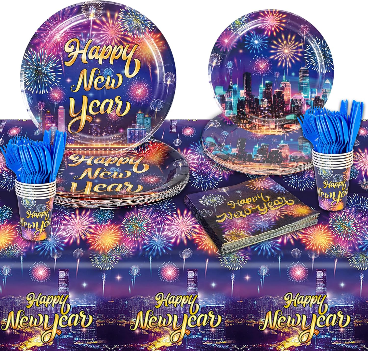 HOWAF 2025 New Year Eve Party Dinnerware Set,Colorful Firework New Year