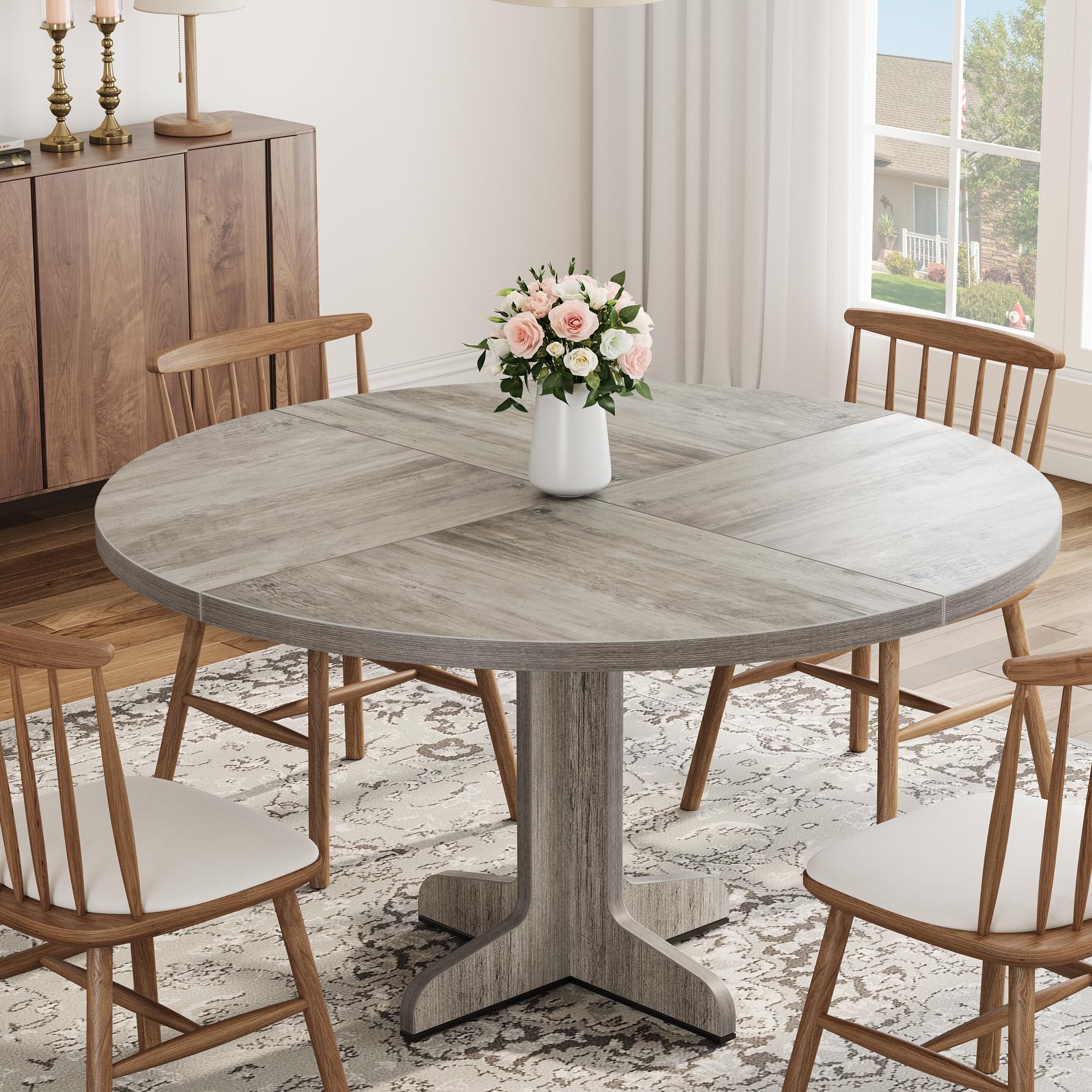 GarveeLife Table Ronde 120cm, Table à Manger Bois 4-6 Personnes, Gris