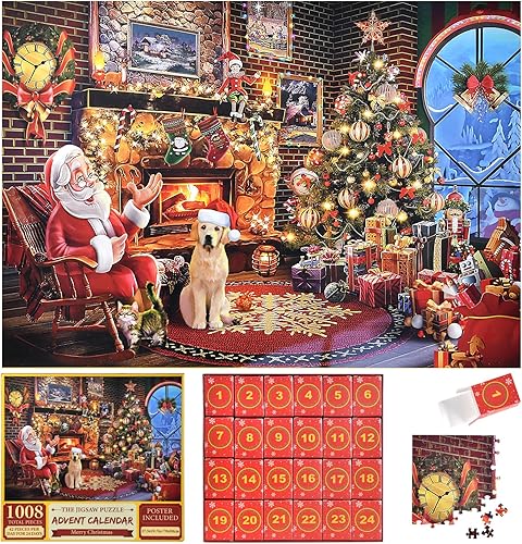 Calendario de Adviento 2024 rompecabezas para adultos y niños, calendario de cuenta regresiva de Navidad de 24 días, rompecabezas de 1008 piezas,