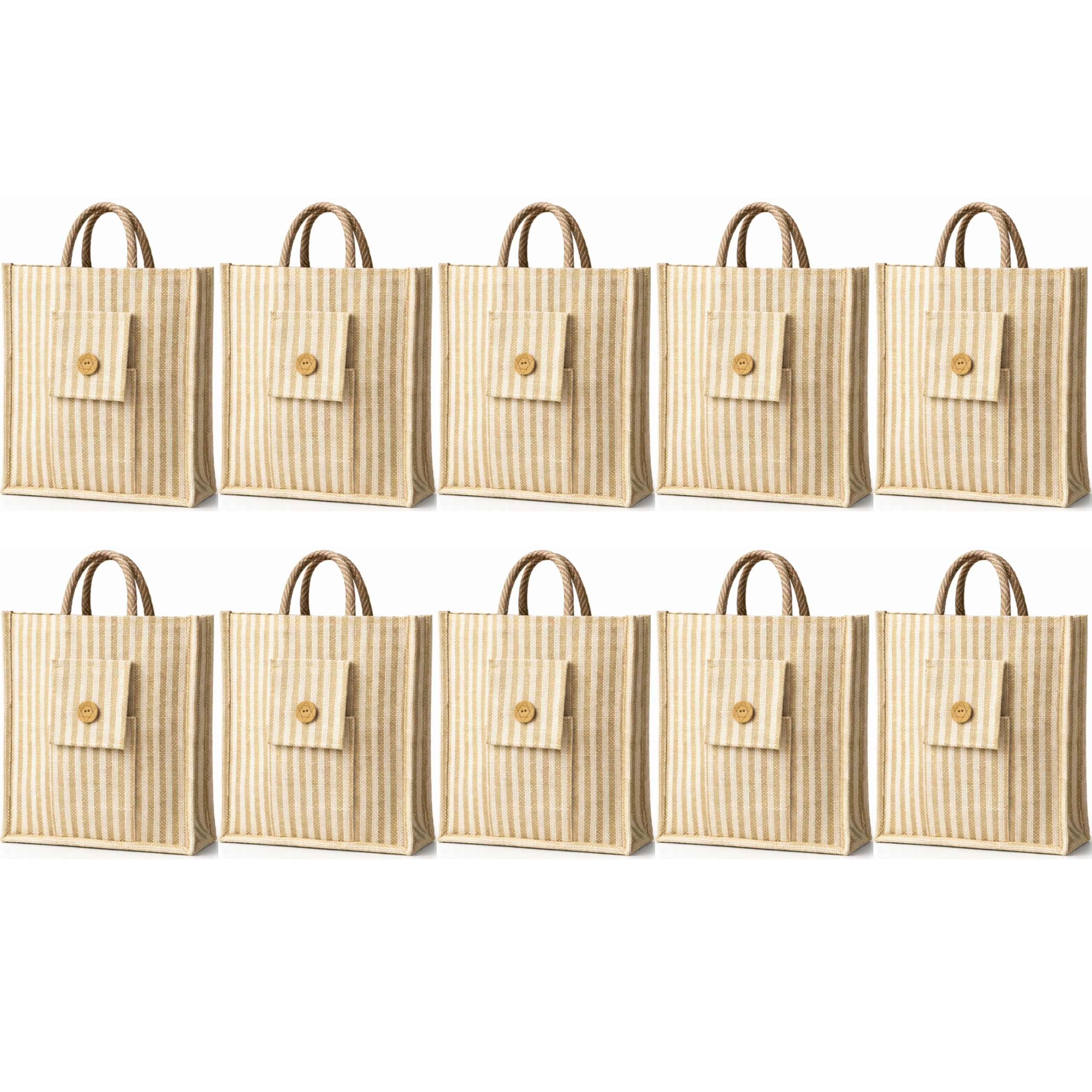 cantainoo Jute Bags for Return Gifts | Return Gift Bags | Eco-Friendly Reusable Jute Bags for Gifting, Shopping & Daily Use (10, White Pocket Stripe - zip)