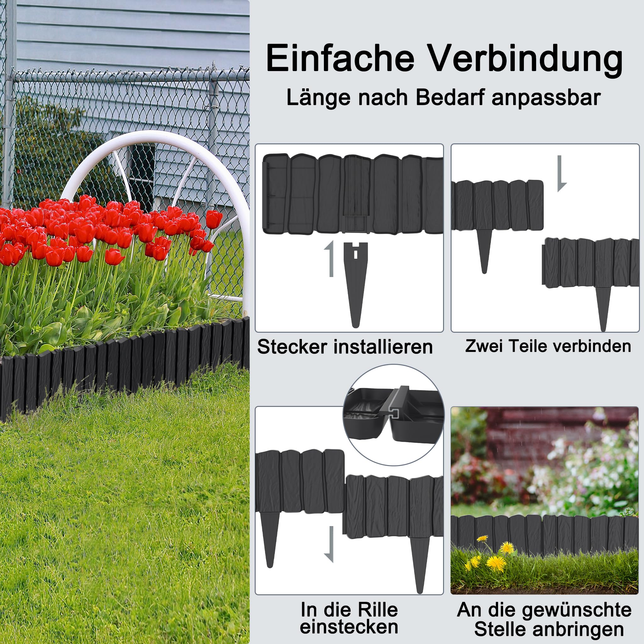 4.8m Rasenkante Kunststoff Beetumrandung mit Holzoptik & 10 cm Erdspießen - Mähkante für Garten, Beeteinfassung Anthrazit, Palisade im Holzdesign Anthrazit