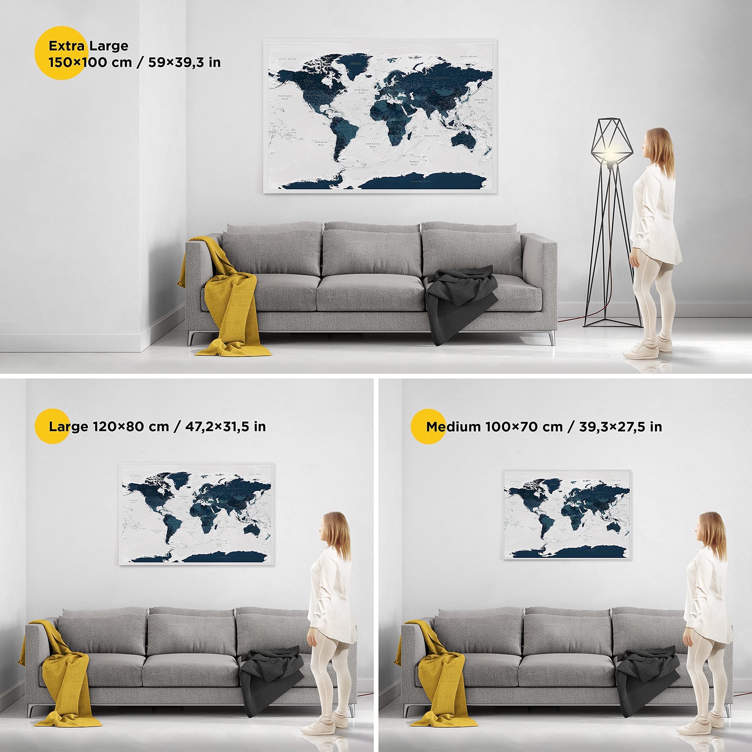 Trip map - Weltkarte Wand - Leinwand Weltkarte Pinnwand mit Pins - Kork Zum Markieren - Kunstdruck auf Echtholz Keilrahmen - 3 Größen zur Auswahl - Meerblau