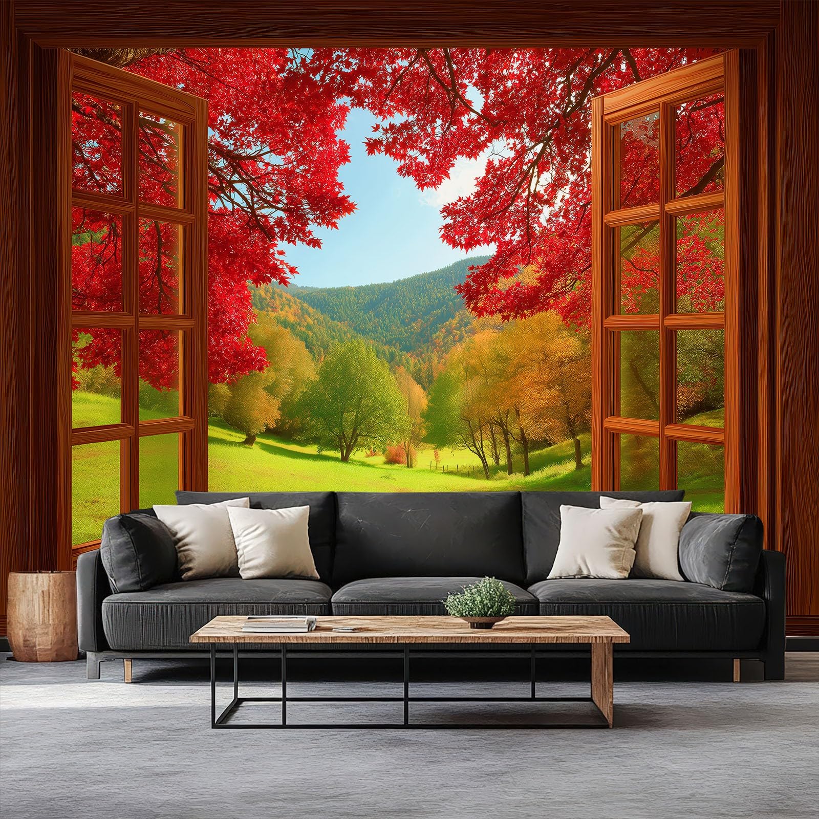Fototapeta 3D, okno sklepowe, czerwony klon, trawnik, 250 x 175 cm, fototapeta, jesienna sceneria, nowoczesny salon, tło telewizora mural tapeta do salonu TV sofa motyw hotel murale