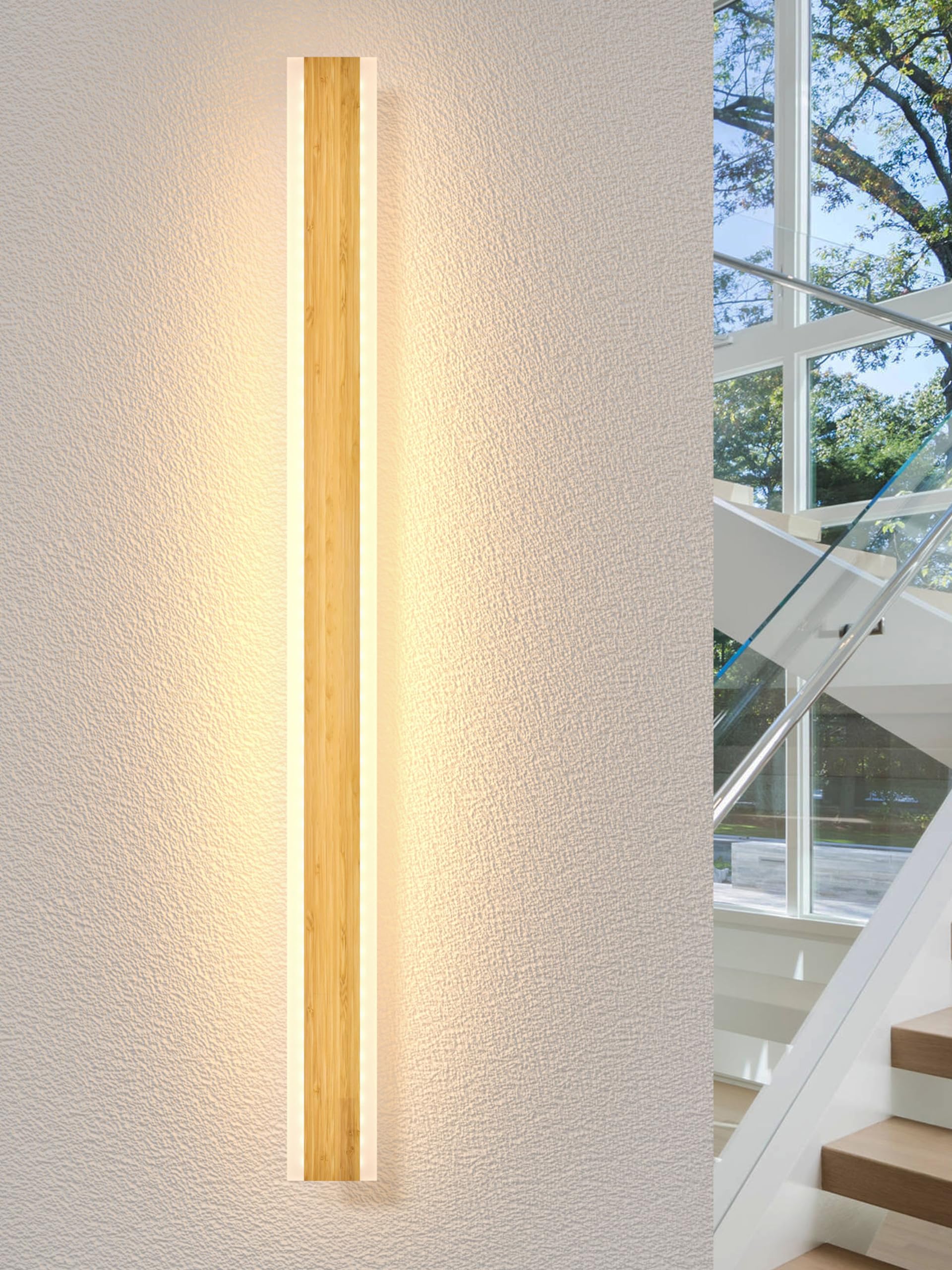LED Wandlamp Voor Binnen,Houten Wandverlichting Dimbaar Met Afstandsbediening,Lange Wandlamp Van Bamboe,36w,Houten Wandverlichting,Moderne Wandlamp Voor Slaapkamer,Woonkamer,Hal, Trappenhuis,100cm