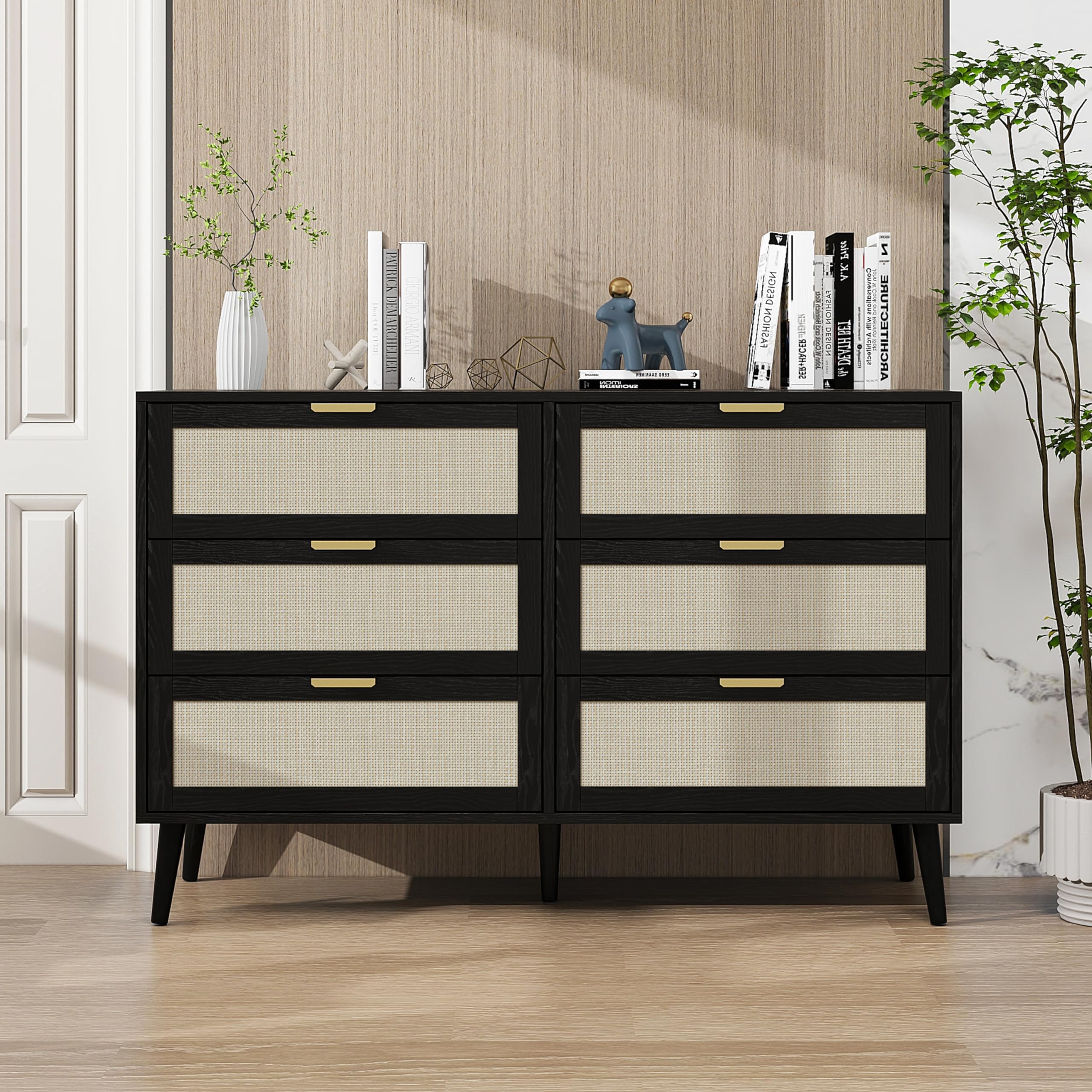 Dresser,Modern Cannage Rattan Chest with 6 Drawers,Wood Storage Cabinet Sideboard for Bedroom, Living Room, Entryway, Hallway(Black)