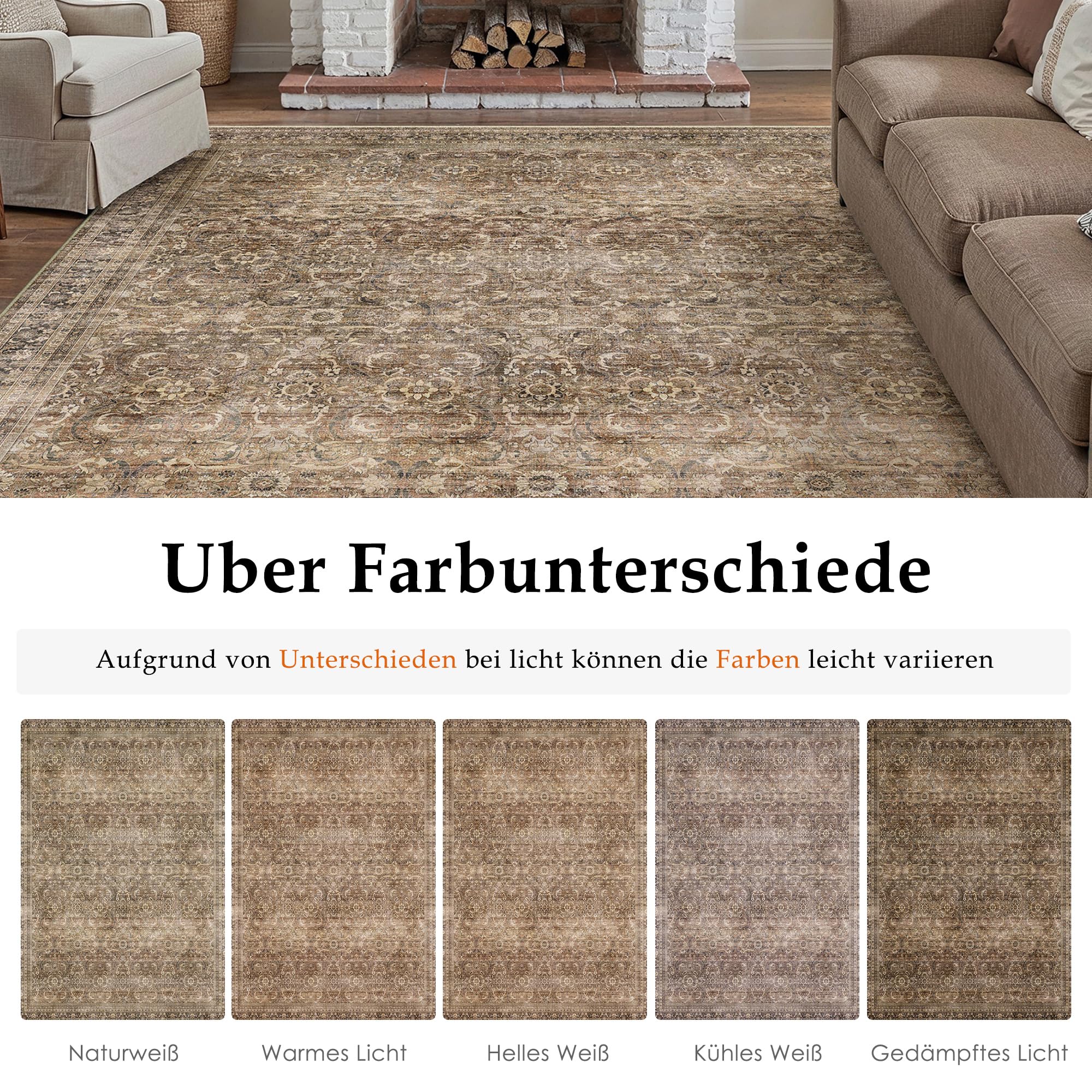 PureCozy Teppich Wohnzimmer 200x300cm Waschbarer Vintage Braun Tepich | Wohnzimmerteppich,Kurzflor Rutschfest,Weich Groß XXL Carpet,Leicht,Schlafzimmer, Esszimmer,Büro