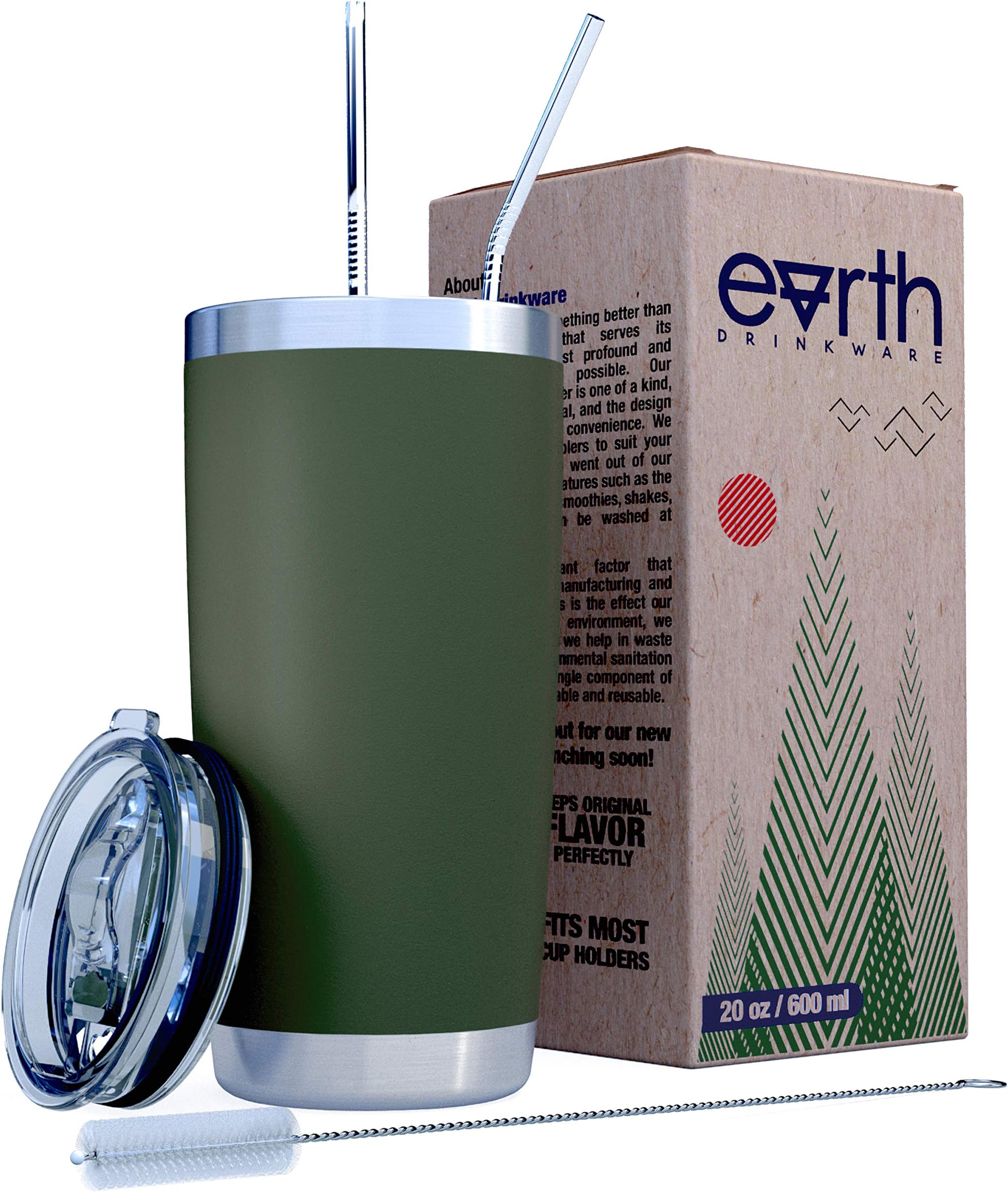 EARTH 20 oz Army Stainless Steel Tumbler with Splash Proof Lid, 2 Straws, Pipe Brush & Gift Box - Double Wall Travel Mug Flask | Vacuum Insulated Rambler Coffee Cup | BPA Free