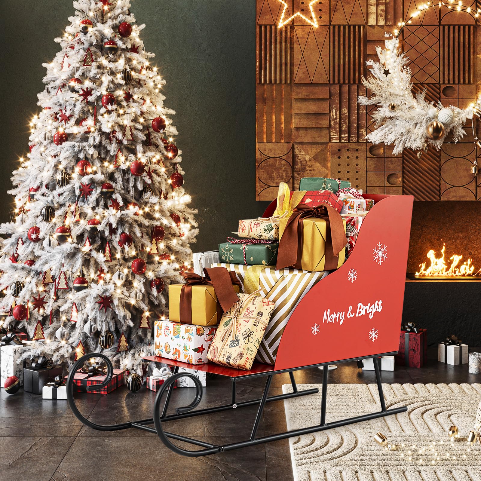 GOPLUS Trineo de Navidad de Metal, Trineo Decorativo de Papá Noel con Almacenamiento de 2 Niveles, Decoración Navideña para Hogar, Oficina, Eventos Festivos, Celebraciones (73,5 x 31 x 50,5 cm)