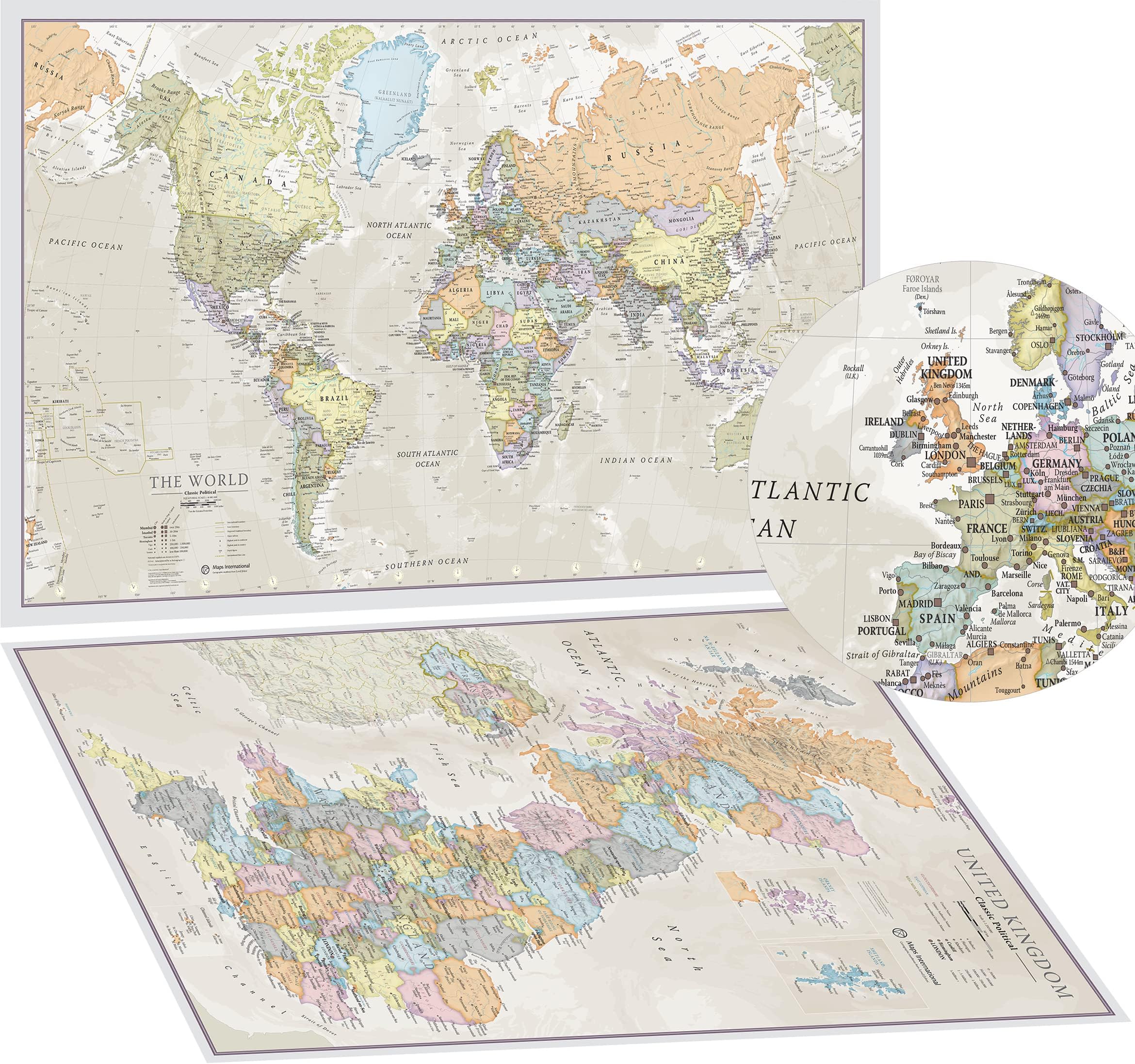 Laminated World Map & UK Map Poster Set - Classic Style - Made in the UK - Maps International