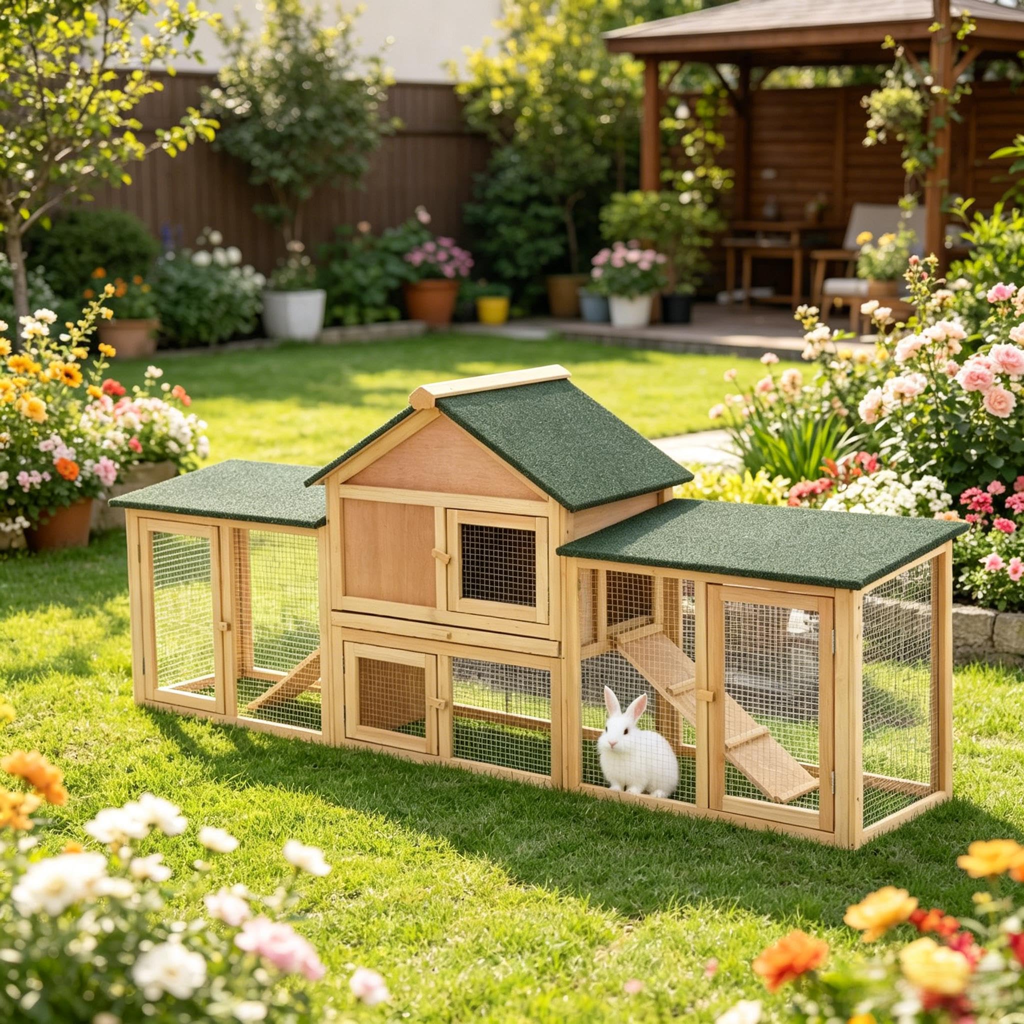 Gran Cabaña De Conejo Al Aire Libre Con Techo De Asfalto, Cajón Deslizante Y 2 Patios De Juego, Jaula Para Mascotas Para Conejos
