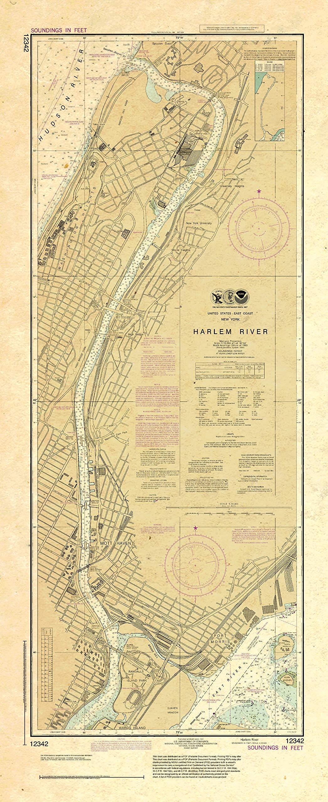 Paradise Cay Publications, Inc. Antiqued NOAA Chart 12342: Harlem River