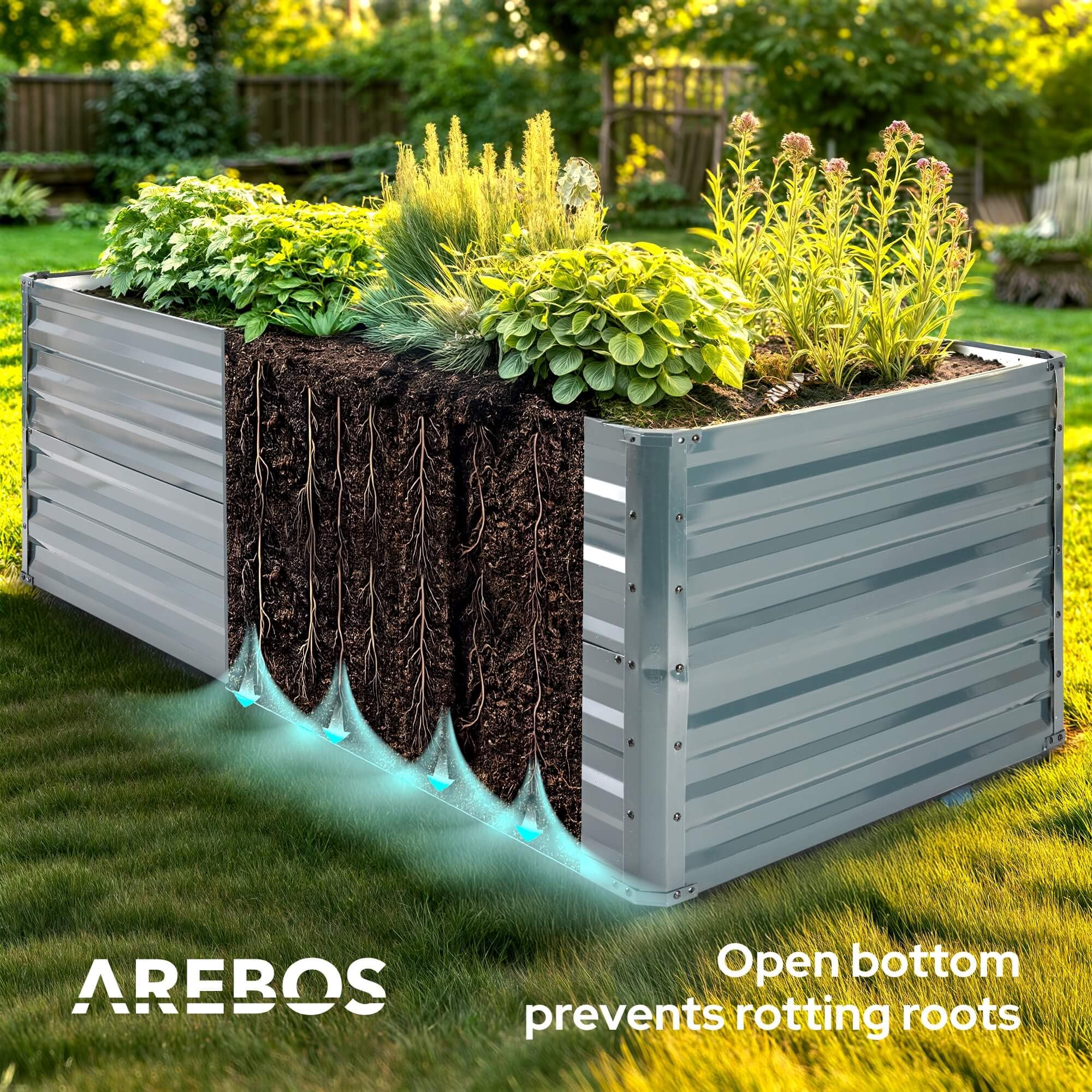Arebos Cama de Jardín Elevada de Metal 180x90x45 cm | Cama de jardín de Acero galvanizado | Cama de siembra Resistente a la Intemperie y al óxido | Cama Rectangular de Verduras para jardín y Patio