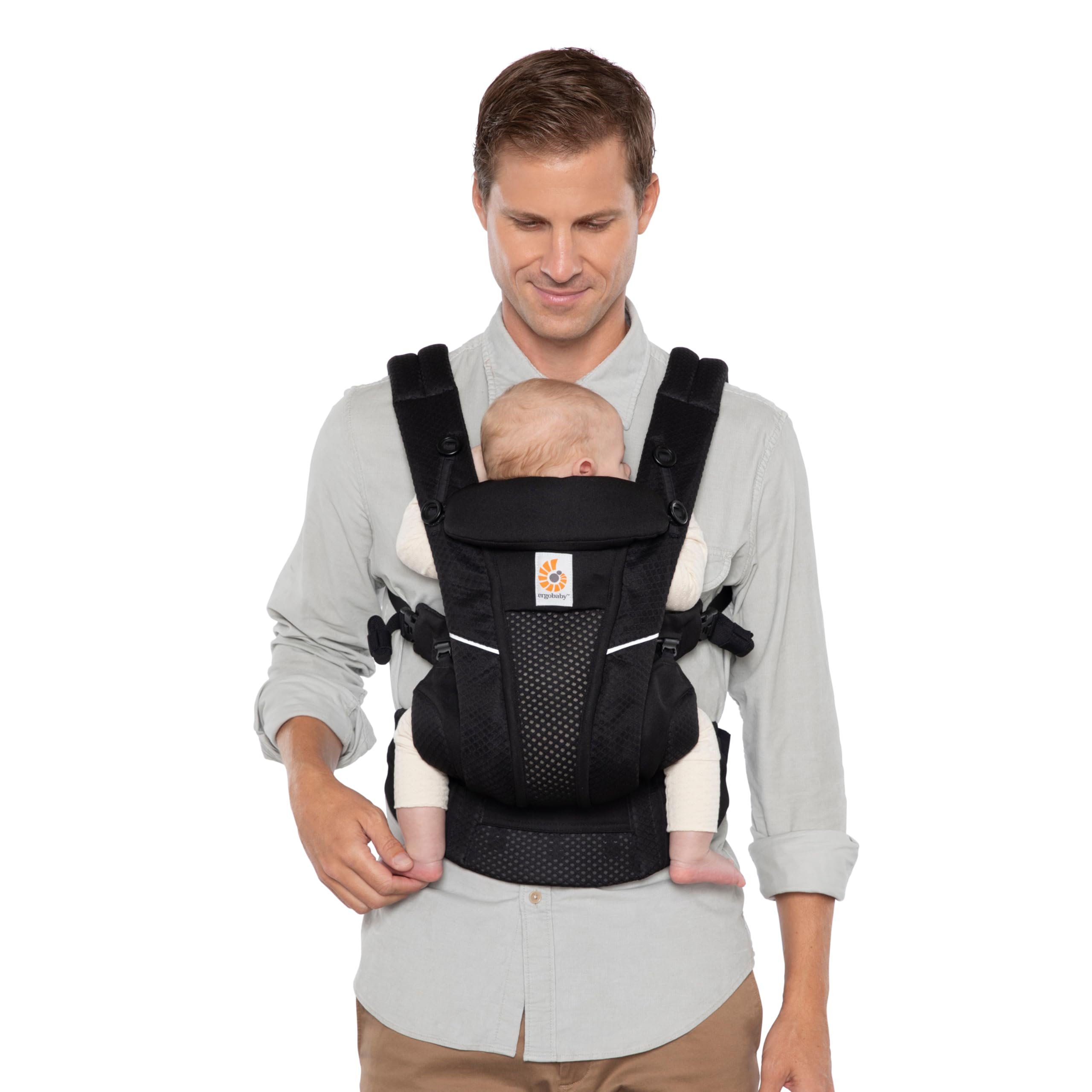 Ergobaby Omni Breeze Babytrage für Neugeborene ab Geburt bis 20kg, 4 Positionen SoftFlex Mesh Ergonomische Babybauchtrage Rückentrage Baby-Tragetasche, Onyx Black