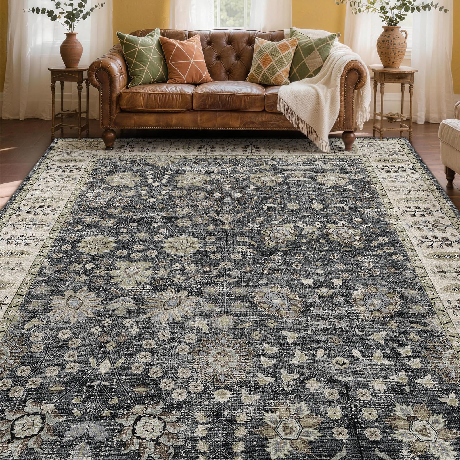 XSIVOD Black Living Room Rug, Washable Boho Area Rugs for Bedroom, Non Slip Vintage Rugs for Dining Room Home Office, Soft Low Pile Floral Rug Accent Floor Carpet for Home Decor, 180x270 cm