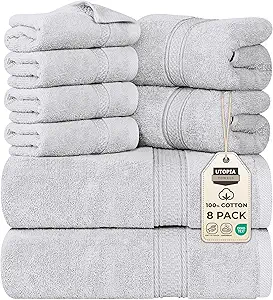 Utopia Towels 8 Piece Premium Towel Set, 2 Bath, 2 Hand, and 4 Wash Cloths, 600 GSM 100% Ring Spun Cotton, Highly Absorbent Towels for Bathroom, Gym, Hotel, and Spa, Silver