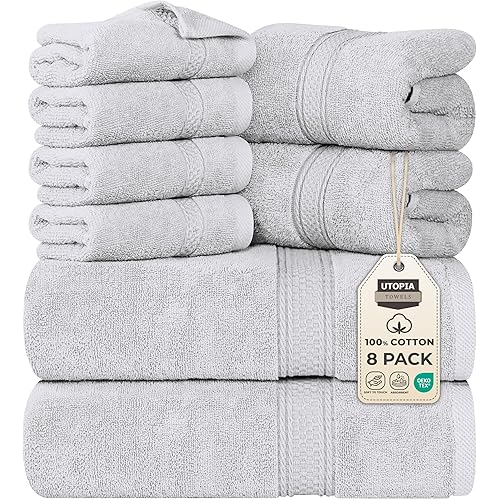 Utopia Towels 8 Piece Premium Towel Set, 2 Bath, 2 Hand, and 4 Wash Cloths, 600 GSM 100% Ring Spun Cotton, Highly Absorbent Towels for Bathroom, Gym, Hotel, and Spa, Silver
