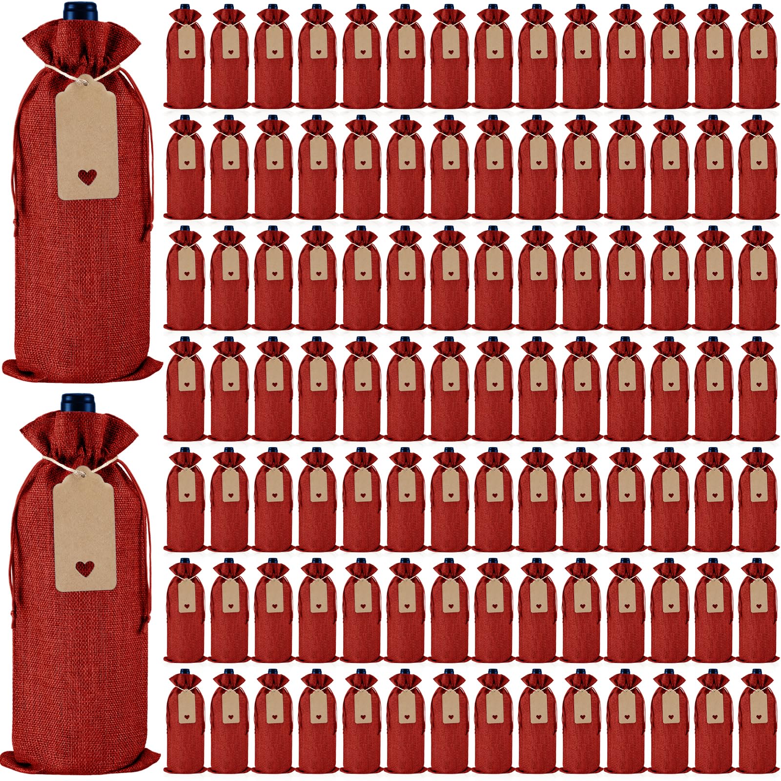 Windyun Lot de 100 sacs à vin en toile de jute avec cordon de serrage avec étiquettes 15 x 35 cm pour mariage, anniversaire, dégustation, Noël, voyage, fête (rouge vin)