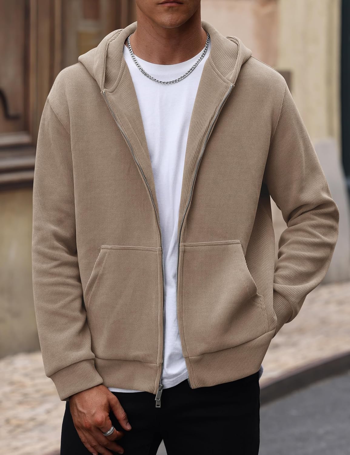 Mens Cropped Zip up Hoodie Jacket Corduroy Heavyweight Double Zipper Sweatshirts (S-XXL) - Image 3