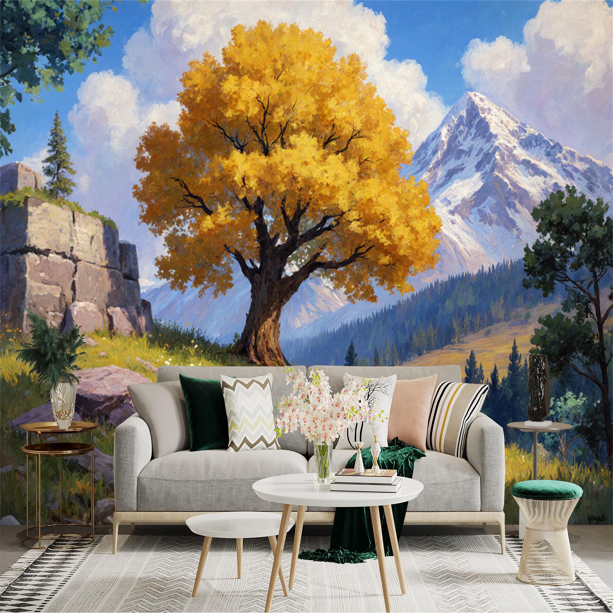 Custom Size Wall Sticker Mural， Golden Autumn Tree， SnowCapped Mountain Peaks， Peaceful Riverbank Landscape， Artistic Nature Scene， for wall Decoration， peelandstick wall Decals.