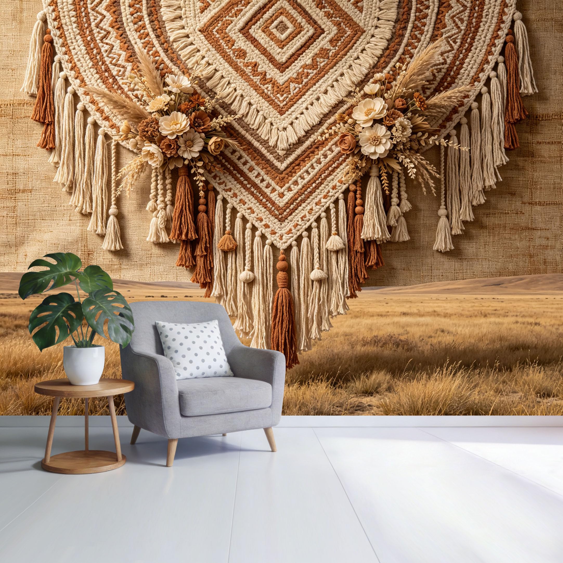 Custom Size Wall Mural Boho Macrame Tapestry Dried Floral Arrangement Rustic Farmhouse Style SelfAdhesive Wall Fabric Removable Wallpaper for Home Office Decor
