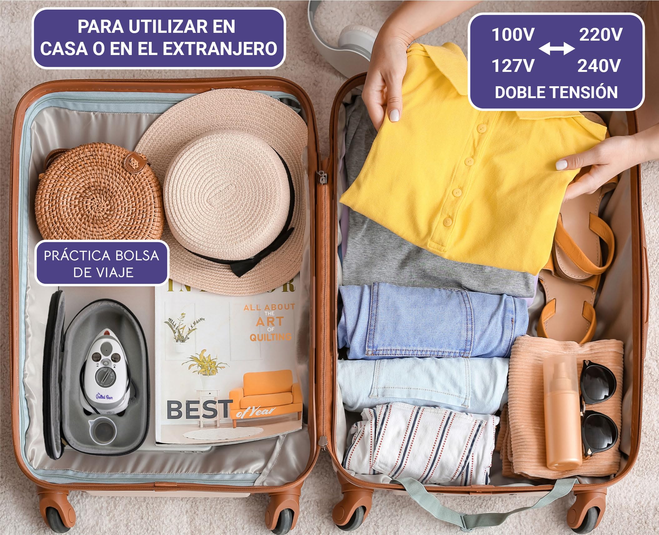 The Quilted Bear Mini Plancha para planchar – Plancha de viaje con cerámica vapor y termostato – Pequeño vaporizador de viaje para coser, artesanía o transferencia (carcasa negra)