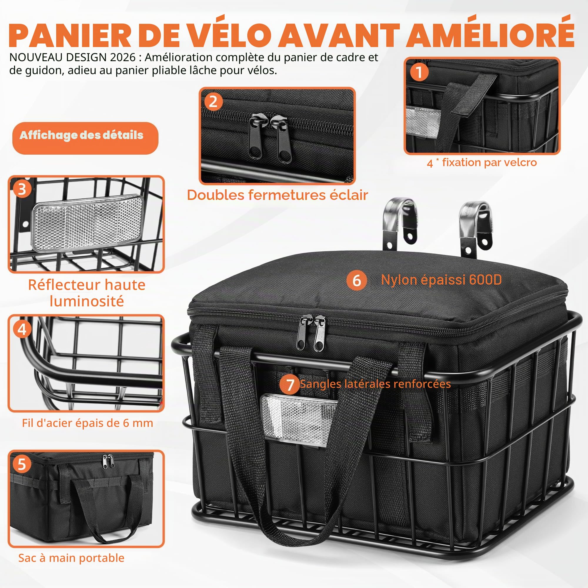 CDYWD Panier De Vélo Avant Avec Poche Intérieure Amovible, Grand Panier De Guidon Pour Vélo Électrique, Scooter, Vélo De Montagne, Vélo De Course, Vélo De Ville