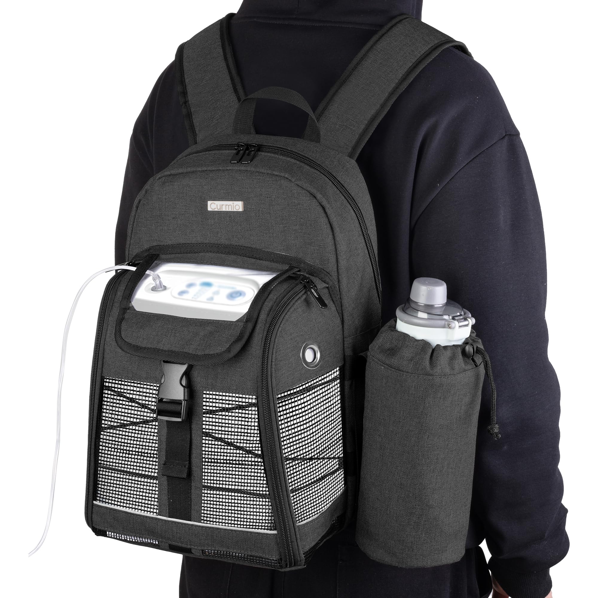 CURMIO Zaino portatile per concentratore di ossigeno, borsa da trasporto POC compatibile con unità Inogen, OxyGo e Caire, solo borsa, Nero (in Attesa di Brevetto) | Borsa per POC Universale, Rete Traspirante, Tasca per Borraccia, Compatibile con Inogen/ O