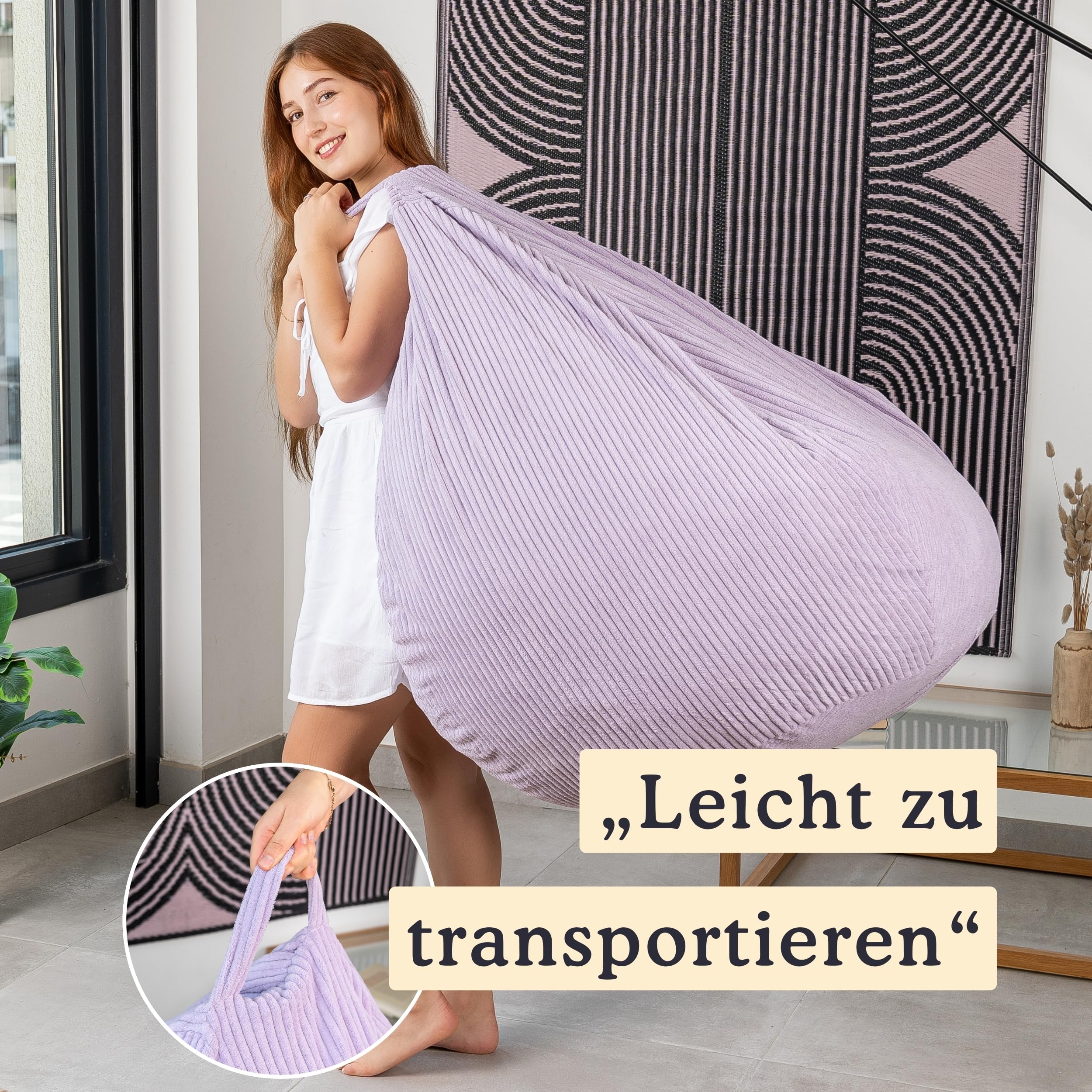Sitzsack Cord Maschinenwaschbarer Bezug Gaming Sitzsack mit Schaumstoffflocken Füllung Beanbag 105x85 cm Lila Flieder