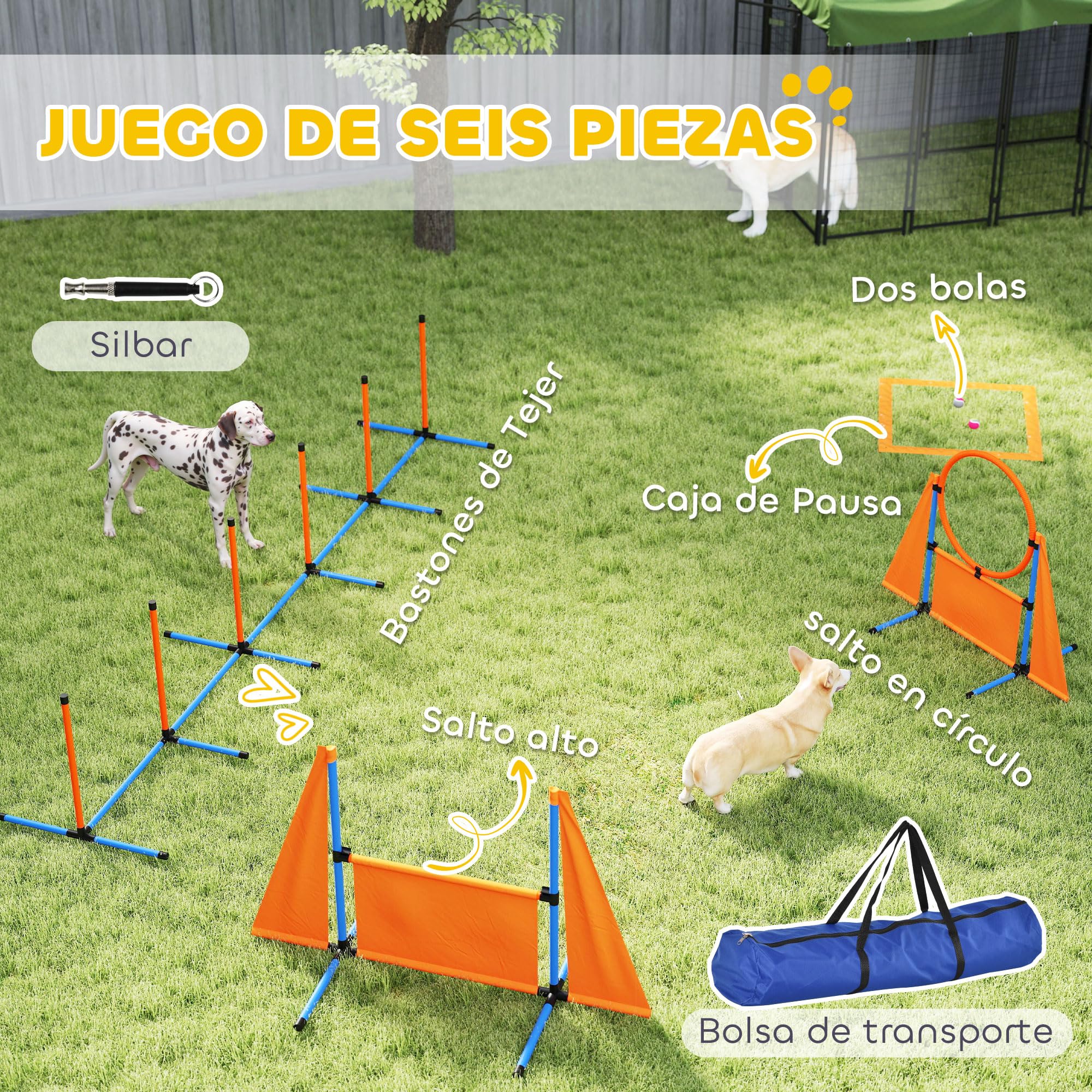 PawHut Set de Entrenamiento de Agilidad para Perros de 6 Piezas, Juego de Agilidad para Perros con Piquetes para Slalom, Valla, Zona de Reposo, Pelotas, Anillo de Salto, Naranja