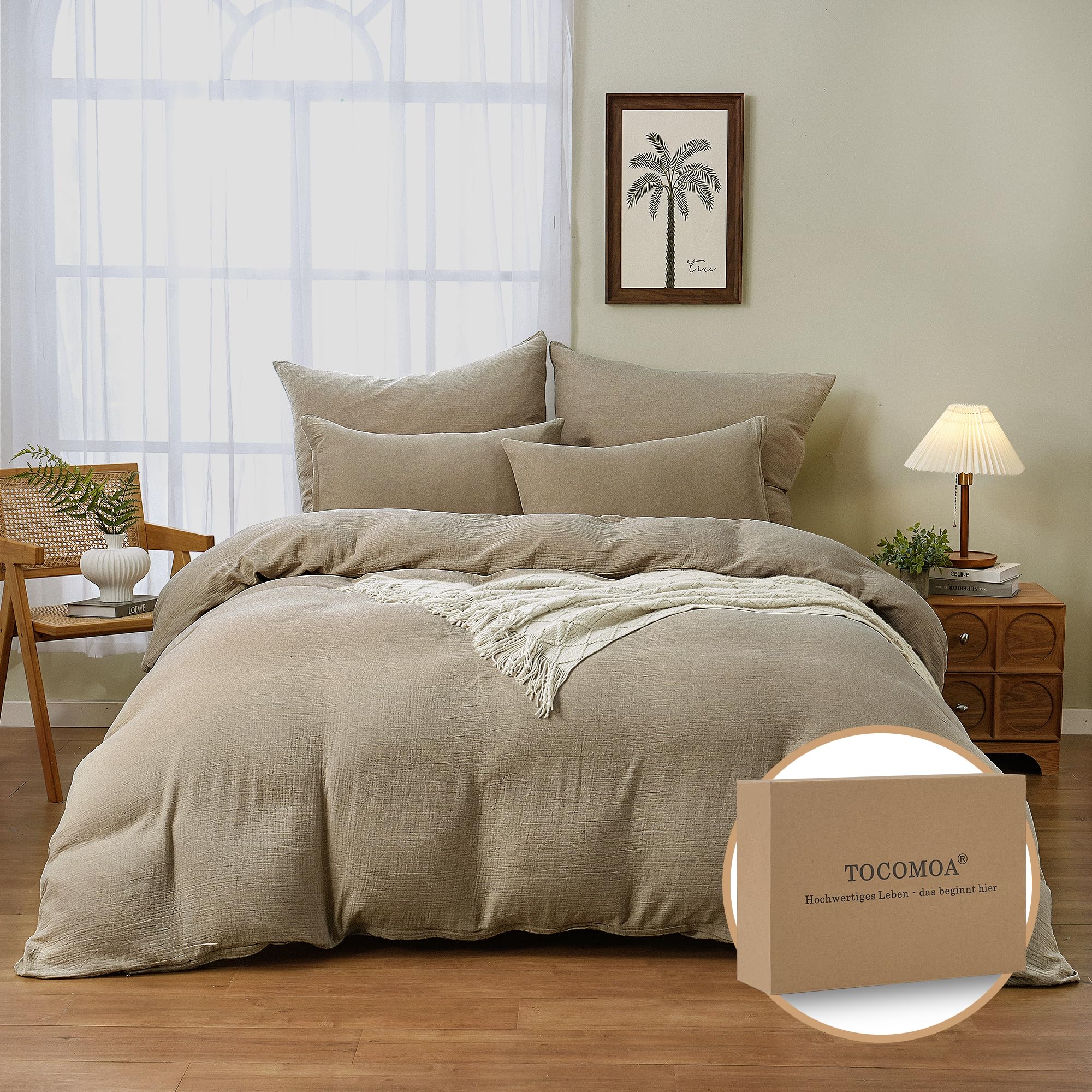 TOCOMOA Musselin Bettwäsche 135x200 Baumwolle 4teilig, Beige Leinenartiger 2 Bettwäsche-Sets mit 2 Kissenbezug 80x80 cm, Oeko-TEX Zertifizierter Bettbezug mit Reißverschluss