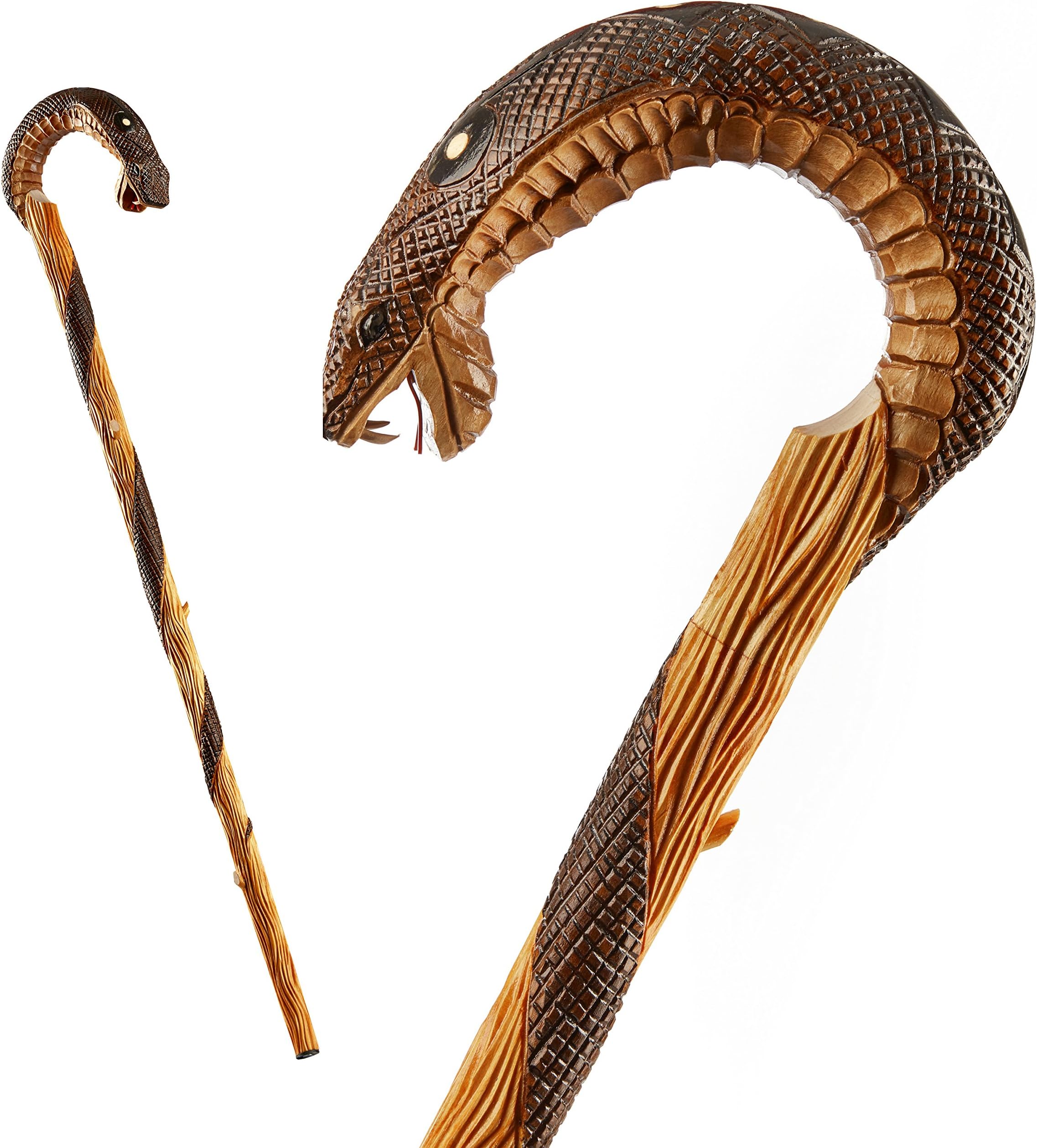 Hand Carved Unique Crook Handle Wood Cane Stick With One Of A Kind Design - Quality Made in EU (Snake)