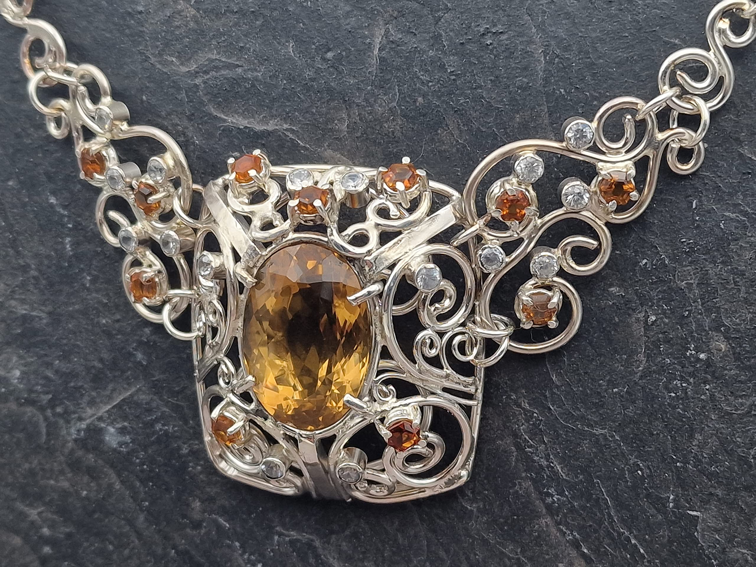 Majestätisches Citrin - Bergkristall Collier aus 925er Silber, handgefertigte Kette, Groß, Statement, Königlich, aufwendig, leicht, Unikat, Handarbeit