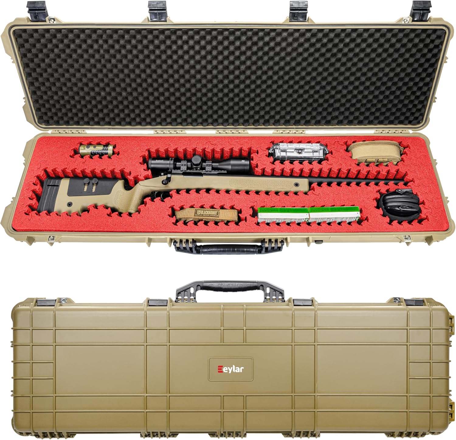 Eylar 53” Hard Rifle Case Equipped With Red/Black Ragar Reconfigurable & Reusable XP Crosslinked Foam Insert, Waterproof, Shockproof Meets TSA Requirements